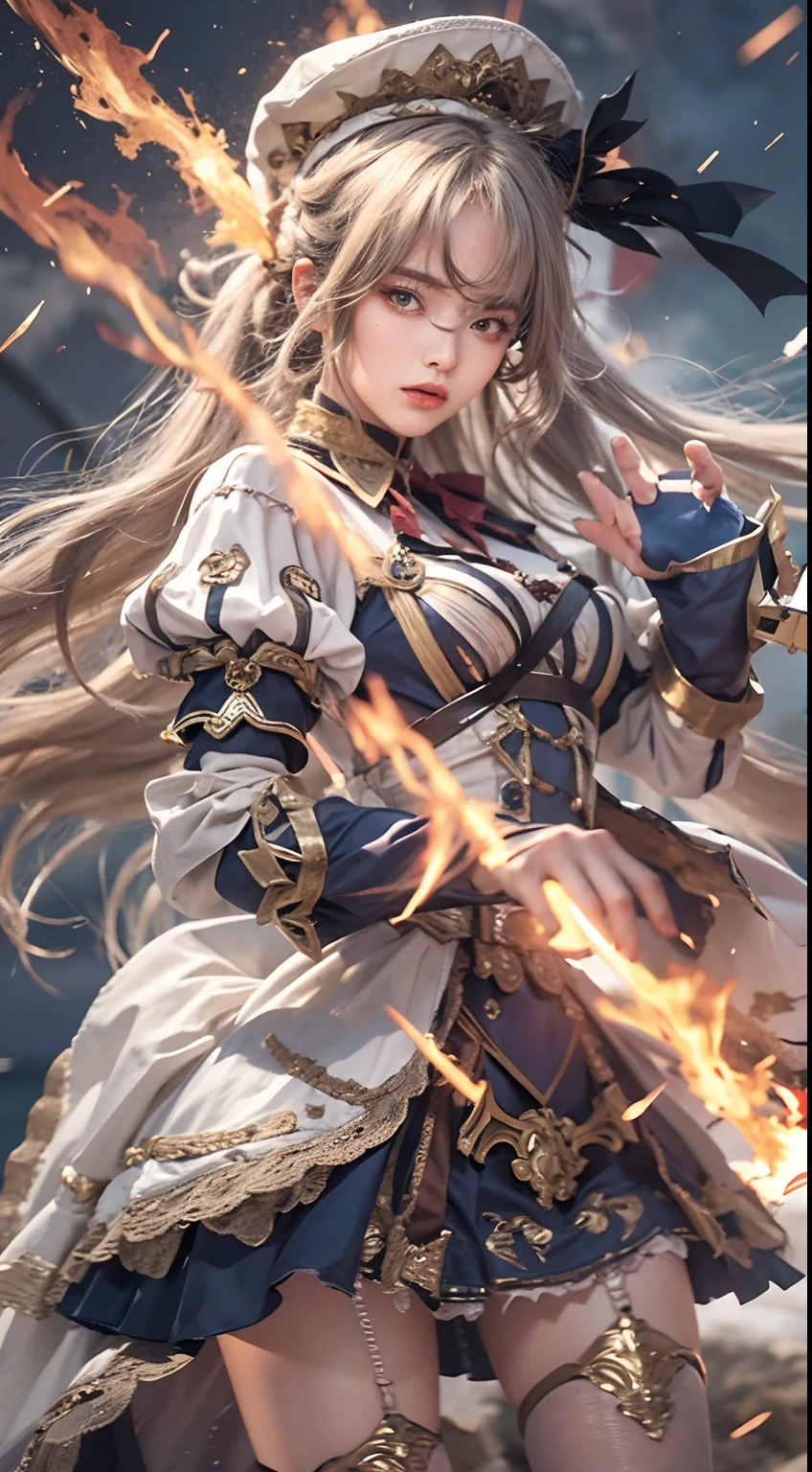 On the battlefield of the storm, A woman dressed in a ta costume wields a weapon infused with the power of the fire element.( Lightning danced beside her), Echoing the strength of her determination,Because she embodies the power of the forces of nature in battle.offcial art, 8k wallpaper, Ultra detailed, Beautiful and aesthetic, Beautiful, Masterpiece, Best quality,(Focus on thighs up),Clear face,Eyes detailed,(Wind,Fluttering strands of hair,Flowing skirt),