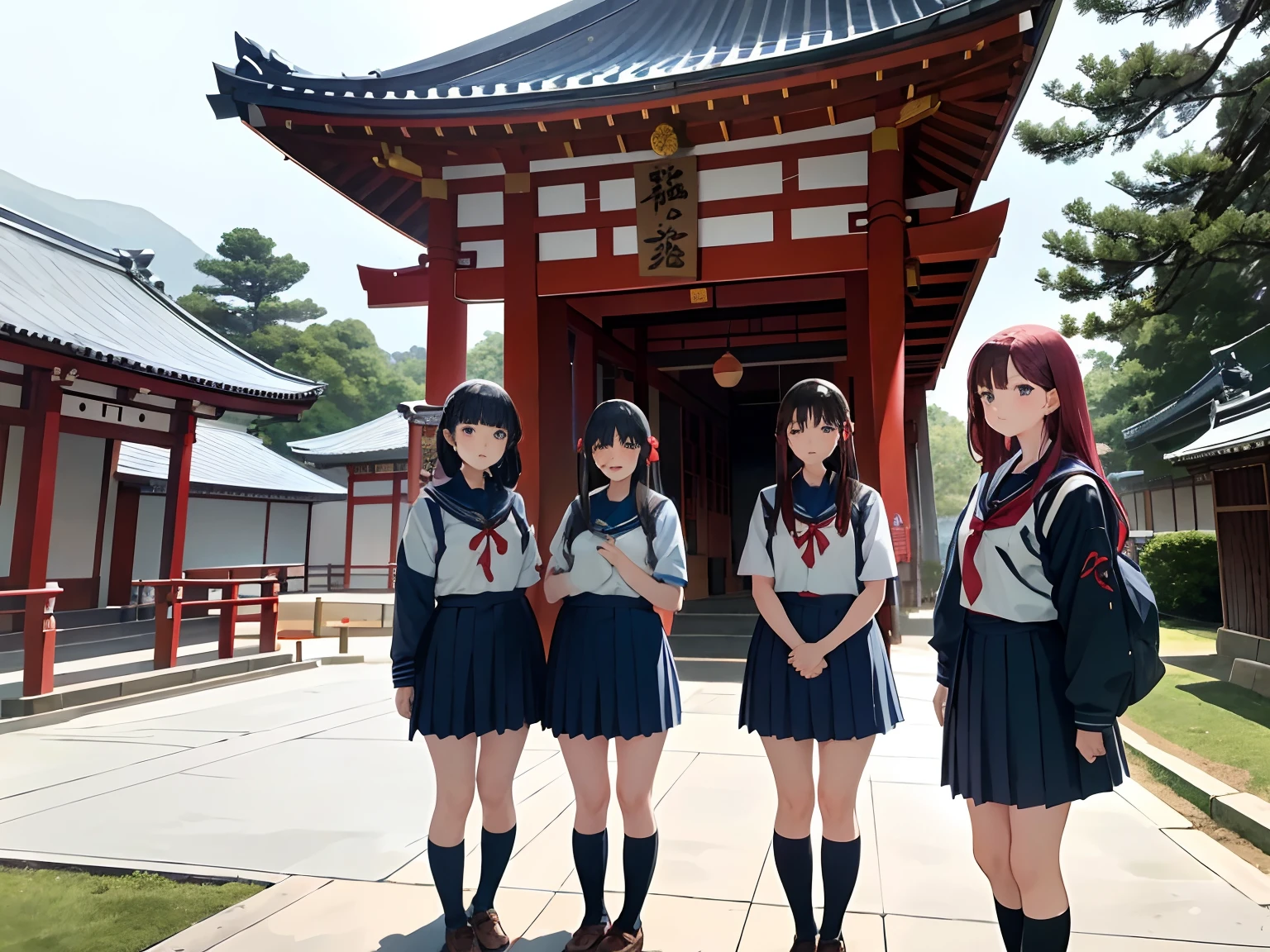 Several girls in uniform are standing in a building, wearing japanese school uniform, Japan school uniform, japanese high school, japanese girl school uniform, Seifuku, two japanese schoolgirls posing, in a temple, inspired by Matsumura Goshun, wearing a haori, by Takeharu Matsumura, In front of the temple, near a japanese shrine