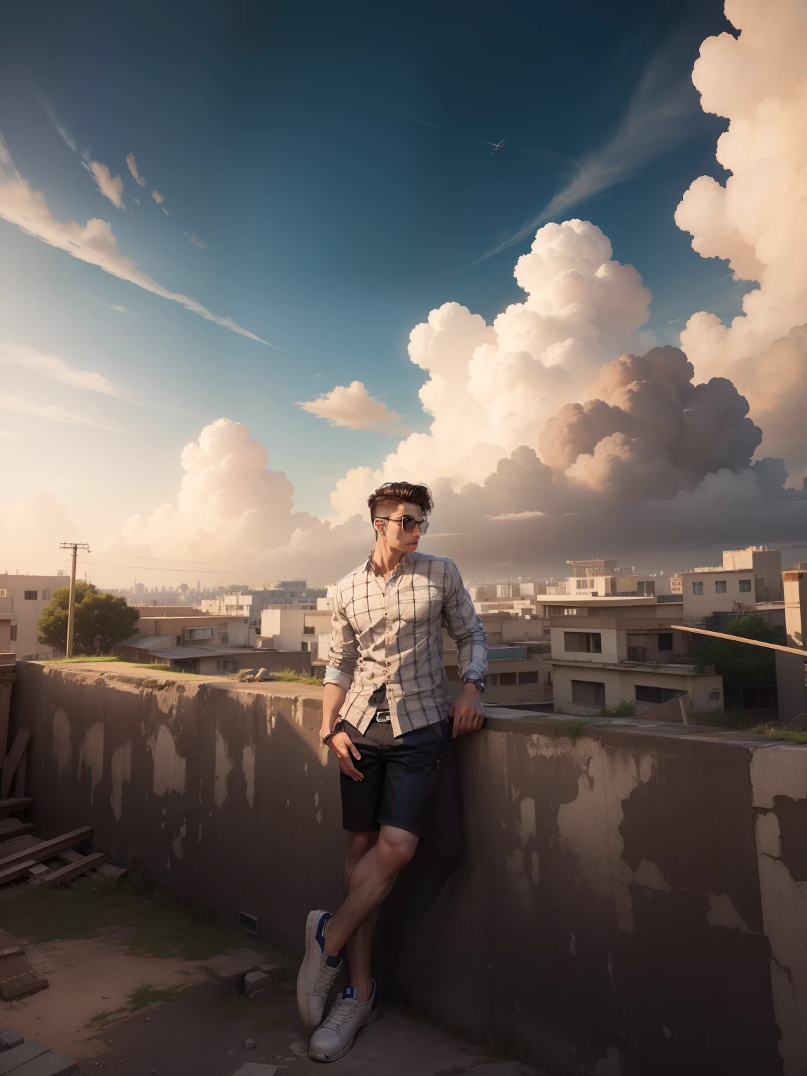 Change background, handsome boy, building,sky.