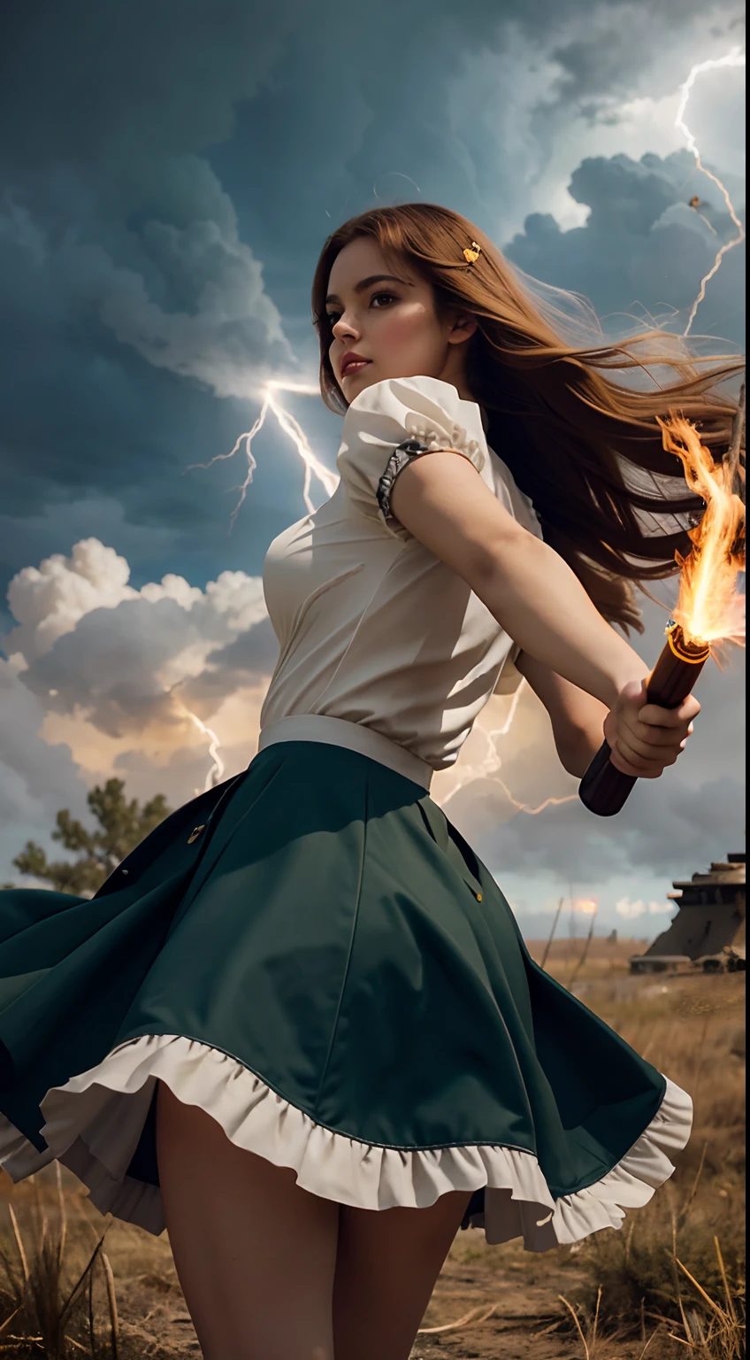 On the battlefield of the storm, A woman dressed in a Lolita costume wields a weapon infused with the power of the fire element.( Lightning danced beside her), Echoing the strength of her determination，Because she embodies the power of the forces of nature in battle.offcial art, 8k wallpaper, Ultra detailed, Beautiful and aesthetic, Beautiful, Masterpiece, Best quality，(Focus on thighs up)，Clear face，Eyes detailed，(Wind，Fluttering strands of hair，Flowing skirt)，