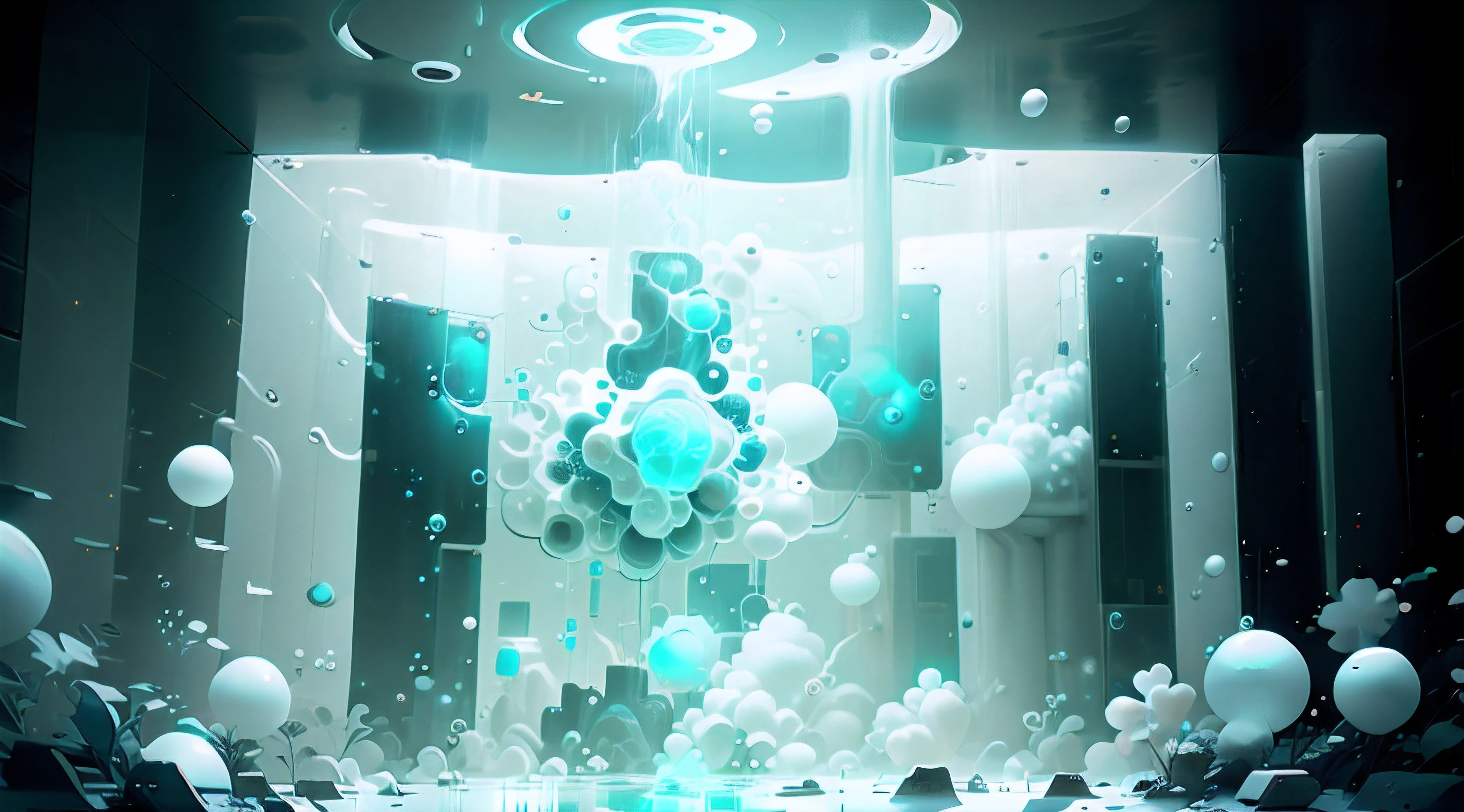 square square design factory,white and light blue environment,bubbles floating around,facility beatifull --auto