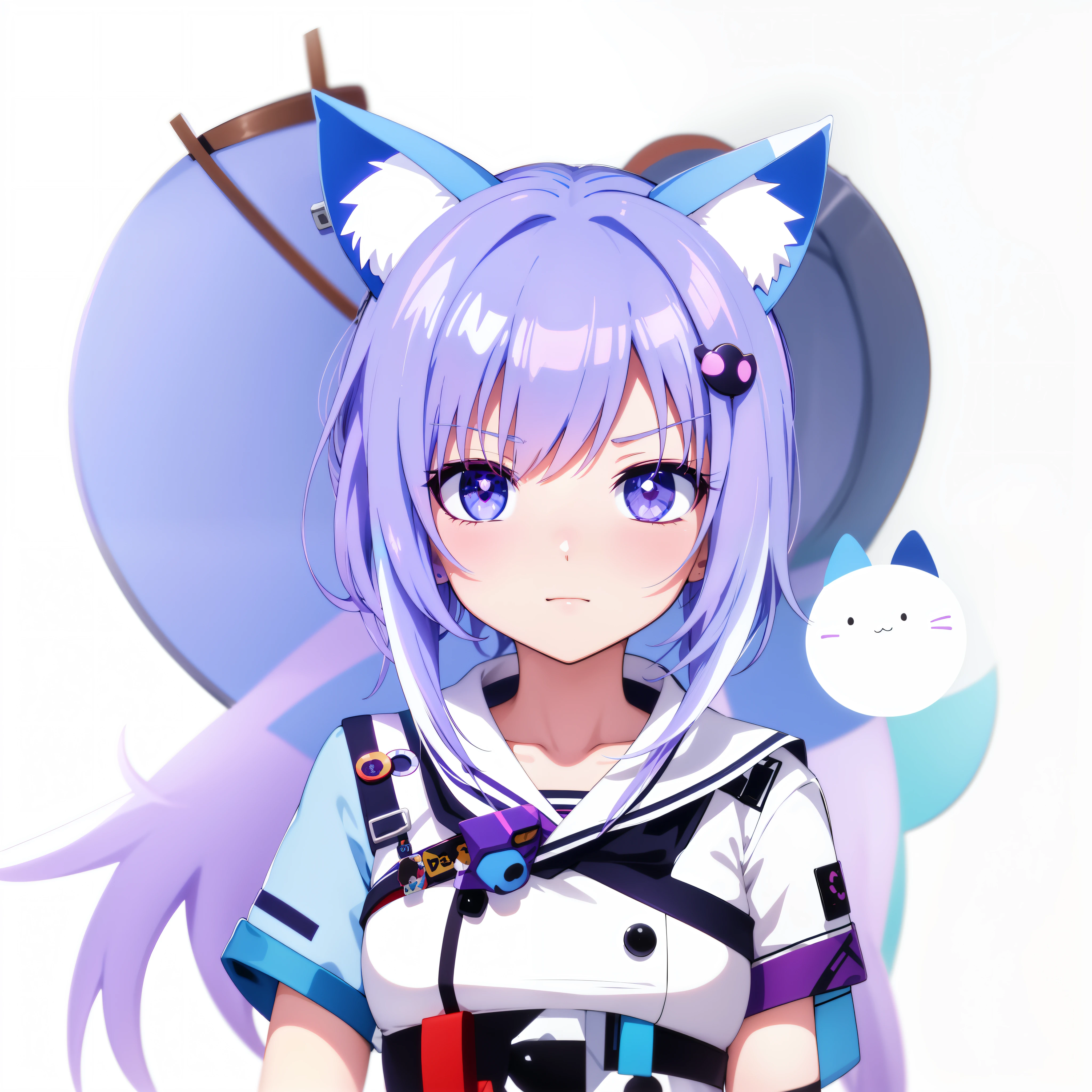 Purple colored hair,Anime girl with blue eyes and white shirt, Anime moe art style, mikudayo, anime girl with cat ears, in an anime style, cute anime catgirl, flat anime style shading, Anime art style, In anime style, Cute!! tchibi!!! Cat woman, Anime Stylization, advanced digital chibi art, anime style character, holograph