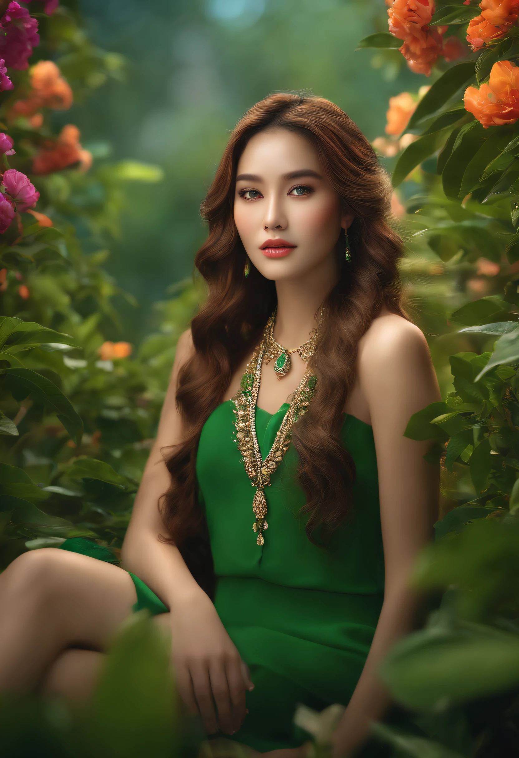 (realistic),(masterpiece:1.2), (best quality:1.2),looking at viewer,dramatic pose,
Beautiful Girl ,(Green sabai),(jewelry:1.2),long hair,(linekanok pattern:1.25)
Flower Garden,rimlight,