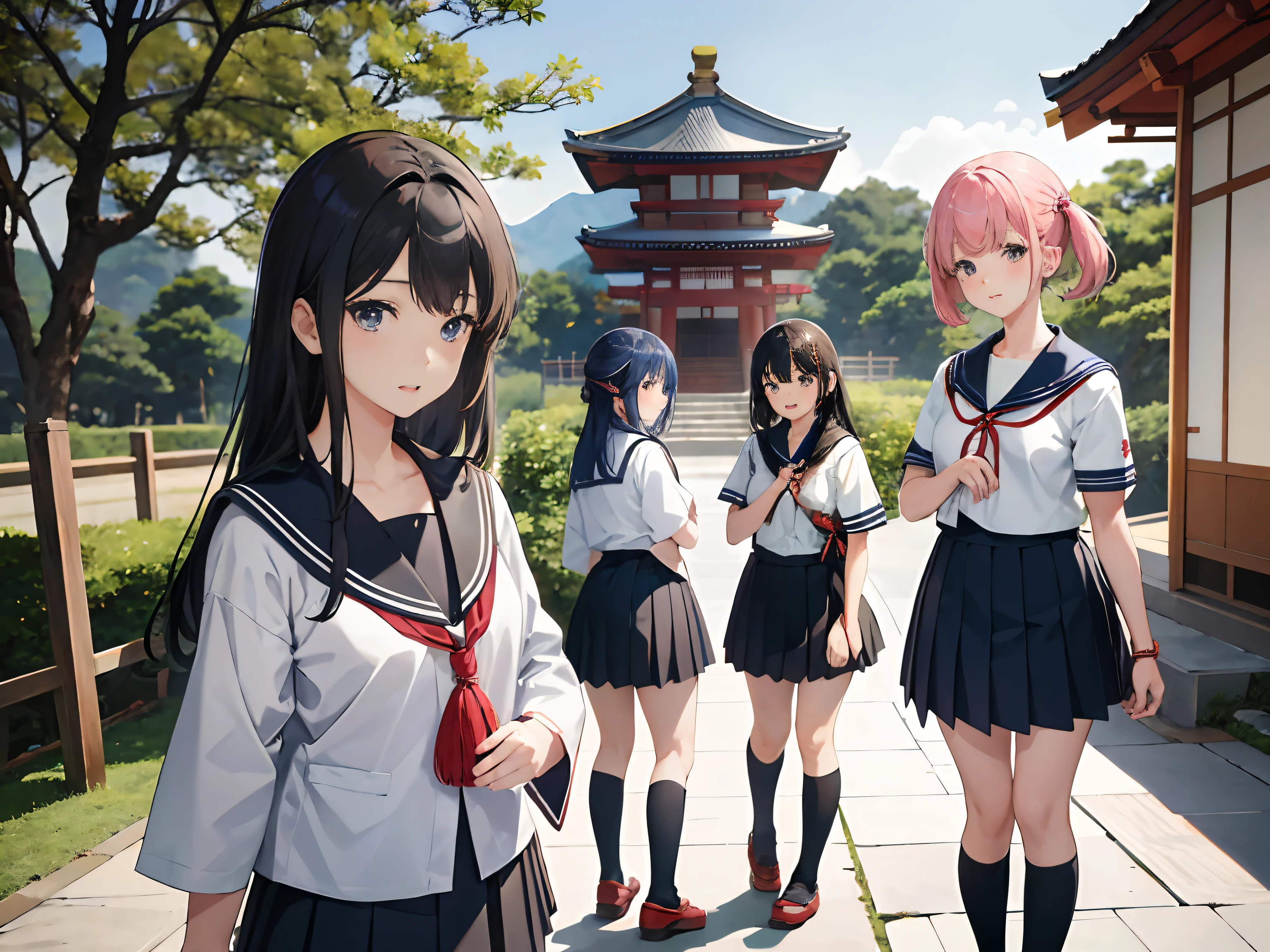 Several girls in uniform are standing in a building, wearing japanese school uniform, Japan school uniform, japanese high school, japanese girl school uniform, Seifuku, two japanese schoolgirls posing, in a temple, inspired by Matsumura Goshun, wearing a haori, by Takeharu Matsumura, In front of the temple, near a japanese shrine