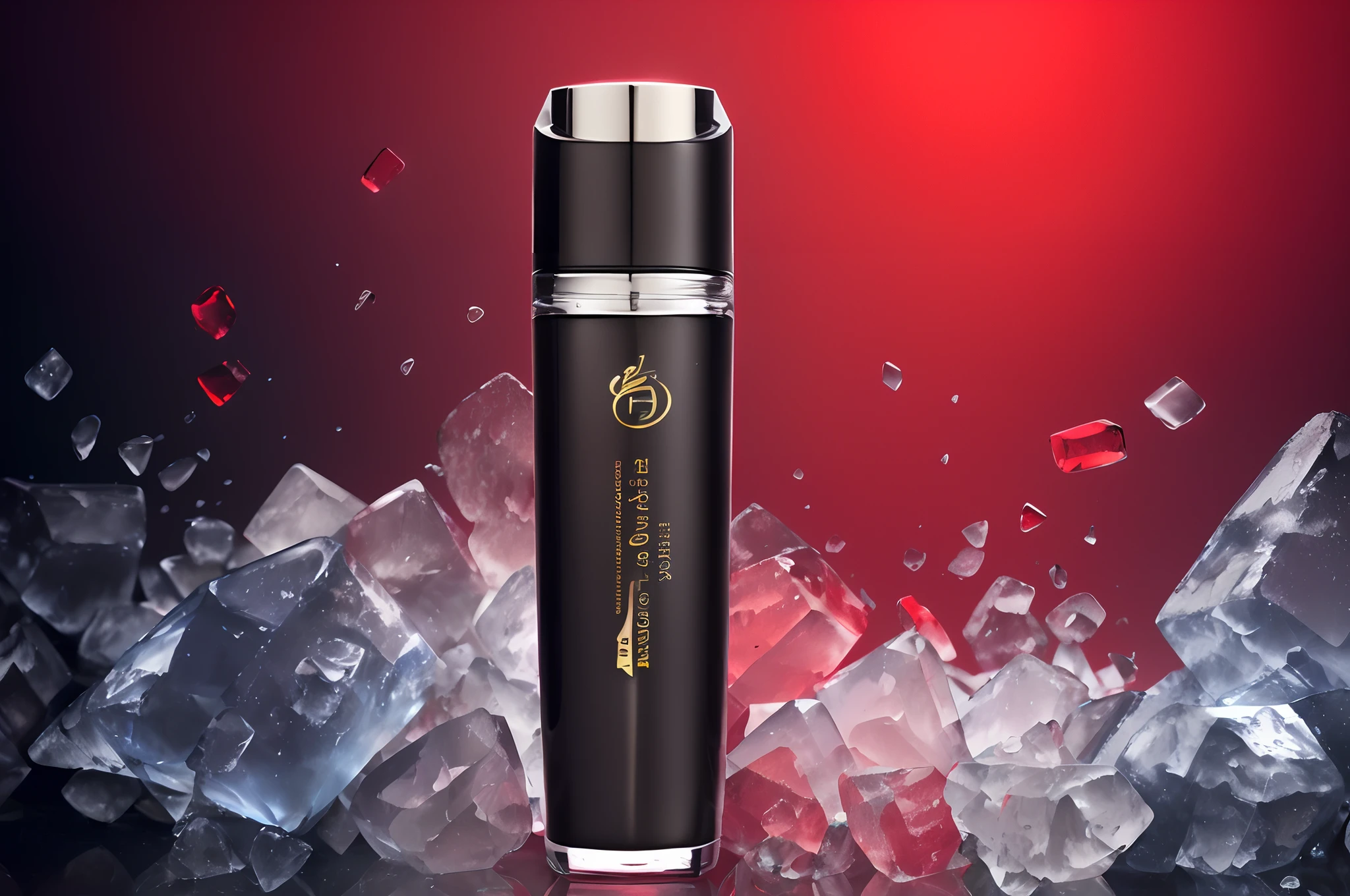 Close-up of a bottle of perfume on an ice bed, (The ice bed has ice cubes),Black desktop,Place the product on an ice bed,Thick red smell, dramatic product photography, author:Derek Zabroki, products shot,Product lenses, (Top-down view:1.1),commercial product photography, Andrei Lian Bovichev style, Product photography 4 K, “hyper realistic, Product photography, Realistic red,。.。.3D,C4D,oc rendered,8K,Fine image quality,Lots of details,Ambient light is reflected on the product