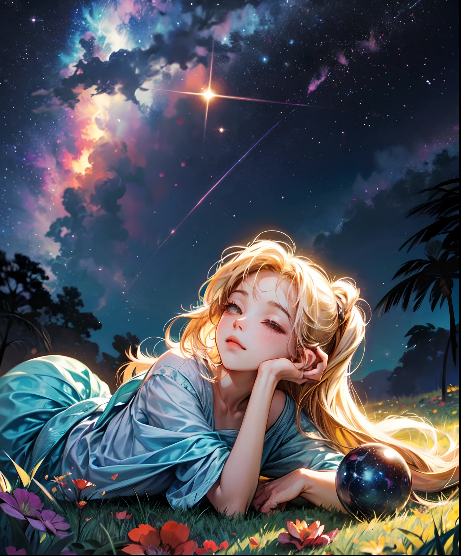 Describe a scene where a cute girl character is lying on a grassy hill, Looking up at the starry sky. Surround her with colorful nebulae and her favorite constellations.