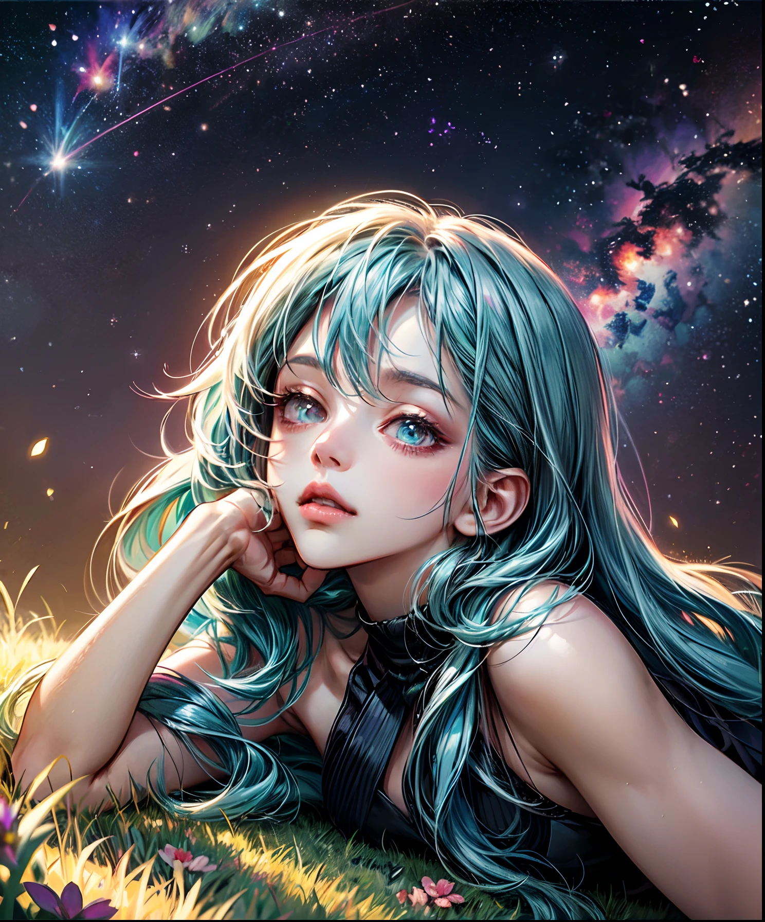 Describe a scene where a cute girl character is lying on a grassy hill, Looking up at the starry sky. Surround her with colorful nebulae and her favorite constellations.