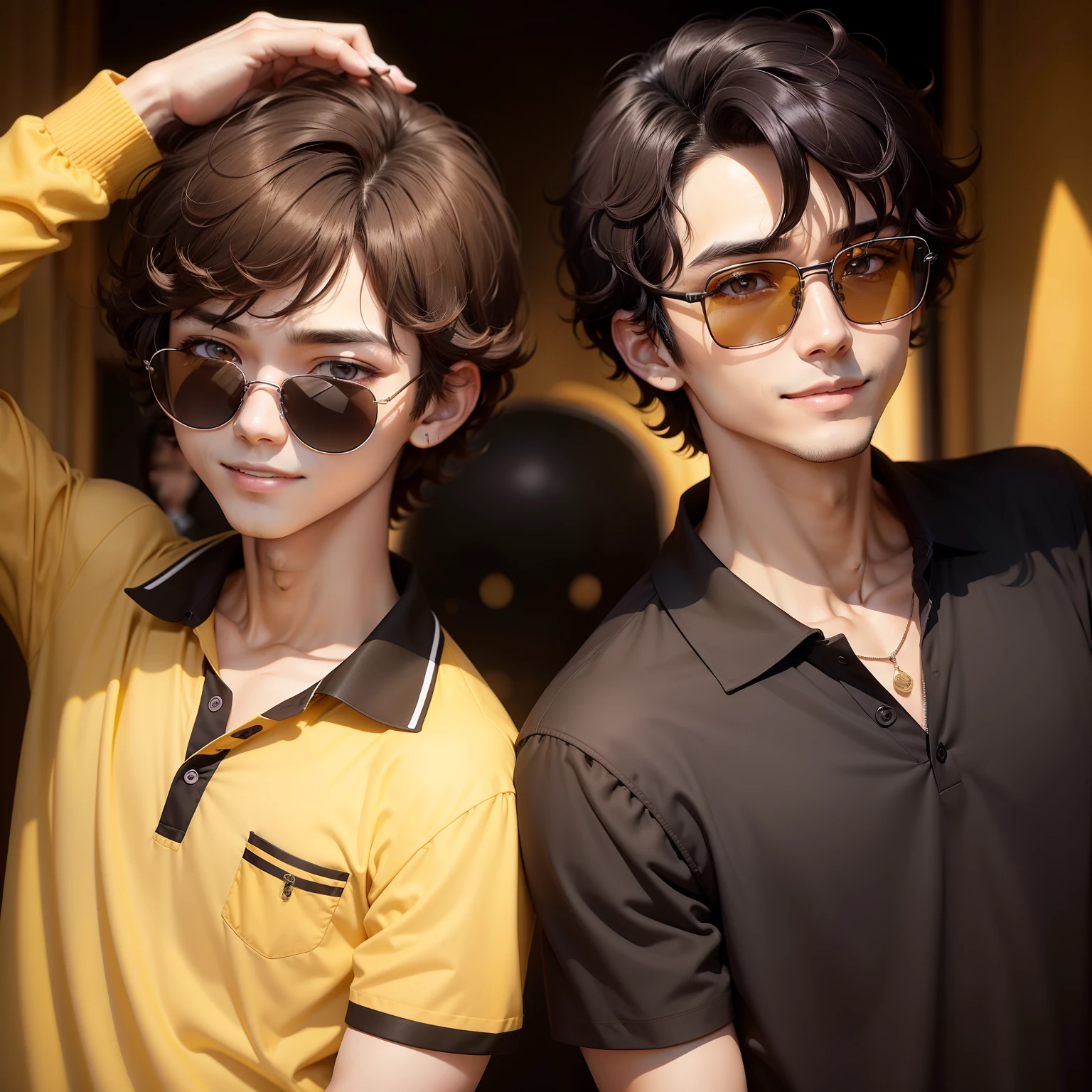 2 men、One has dark brown hair、Yellow polo shirt、年轻、a smile、Short perm、sunglasses、Small moles under the eyes、Narrow-eyed、Unique poses、One person has black hair、One eye has hair、crypto、Hollow eyes、Lean body、Black clothe