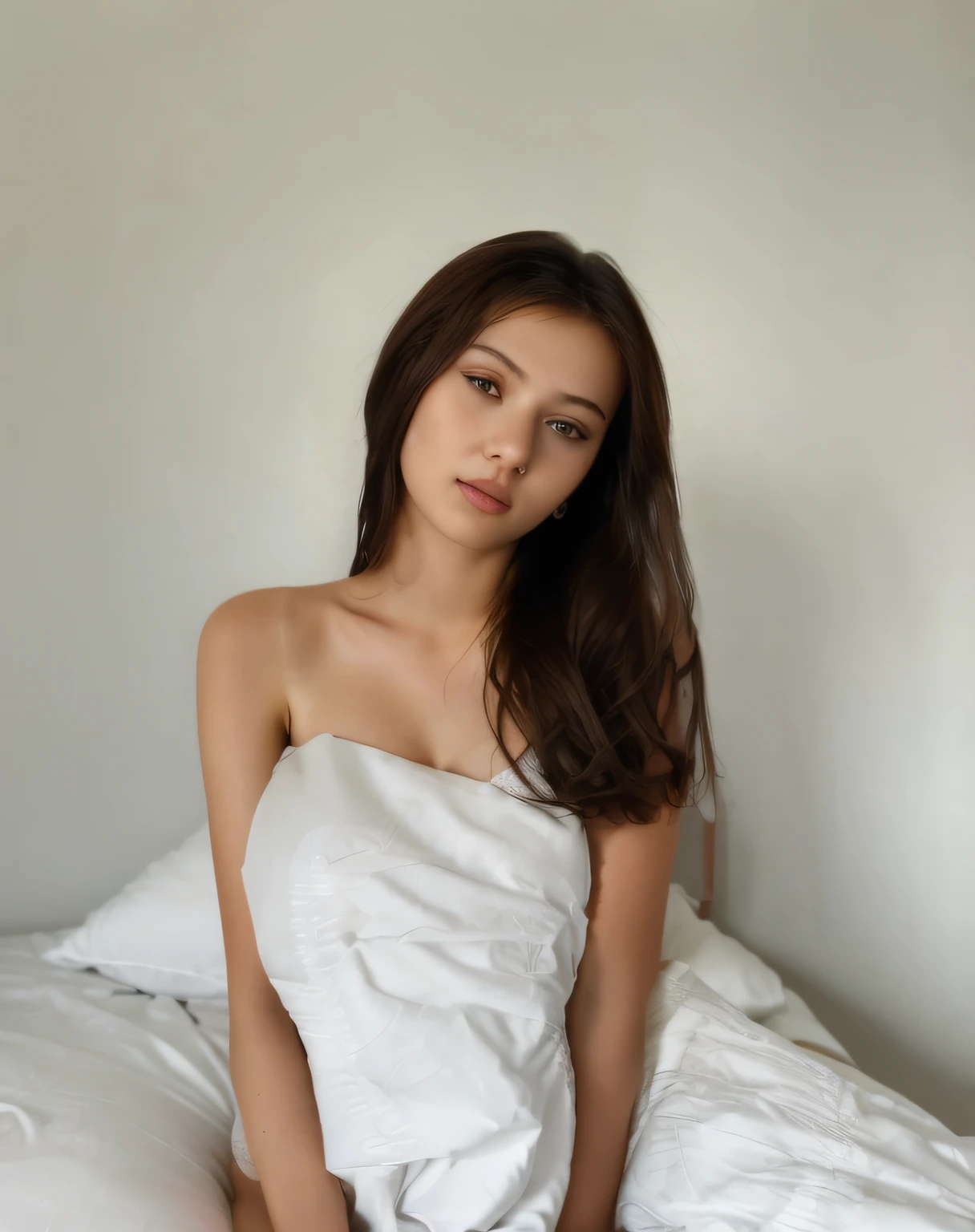 arafed woman sitting on a bed with a white sheet on it, posing in bed, anna nikonova aka newmilky, posing in a bedroom, sexy look at the camera, on the bed, russian girlfriend, on my bed, portrait sophie mudd, lovely delicate face, while posing in the same bed, lovely woman, cute young woman, 18 years old