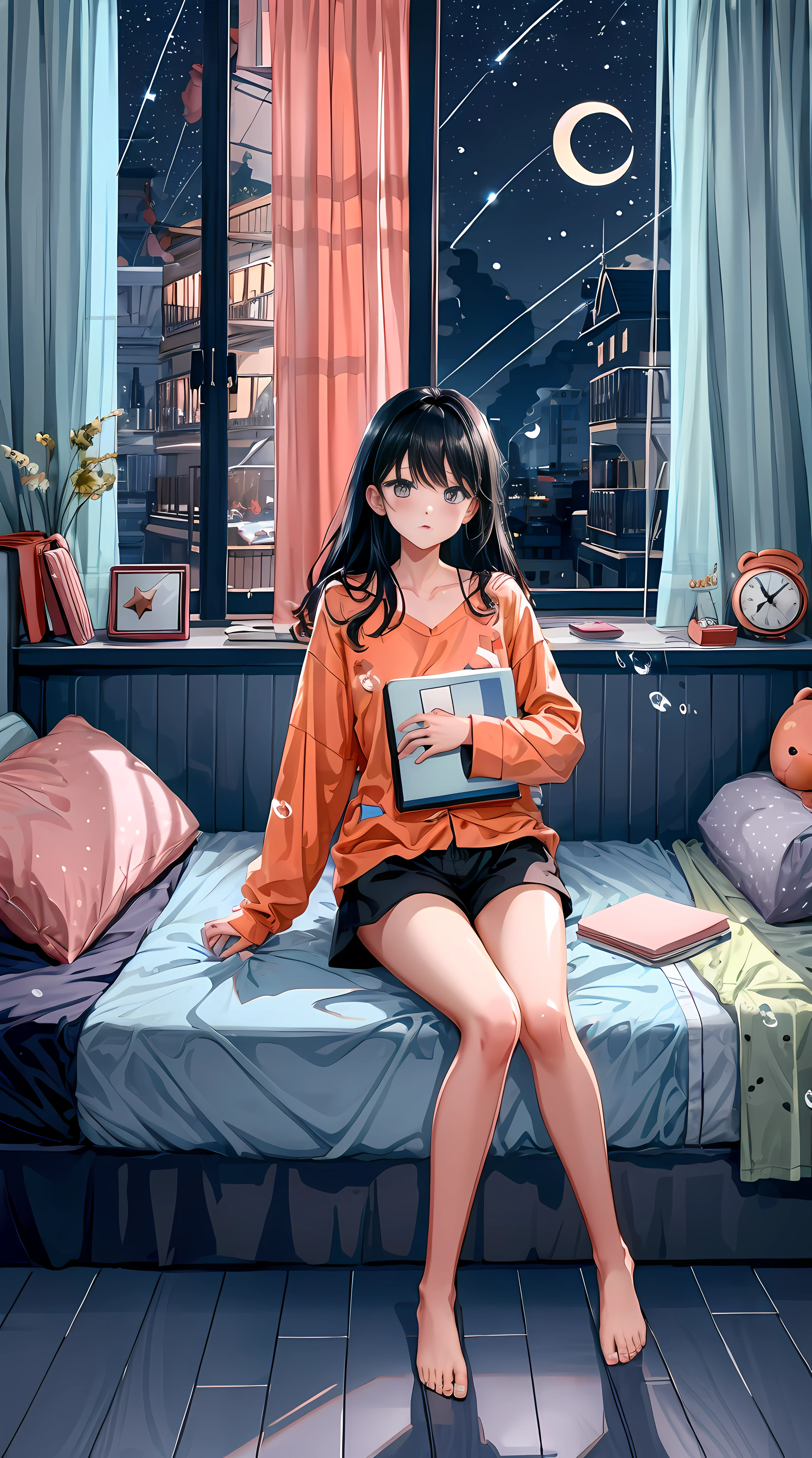 lineart, 
1girl, solo, long hair, black hair, long sleeves, sitting, sky, shorts, barefoot, cloud, indoors, pillow, book, bare legs, window, bed, night, on bed, stuffed toy, moon, stuffed animal, curtains, star (sky), night sky, desk, starry sky, bubble, teddy bear, pajamas, clock, bookshelf, lamp, bedroom, crescent moon, shelf,