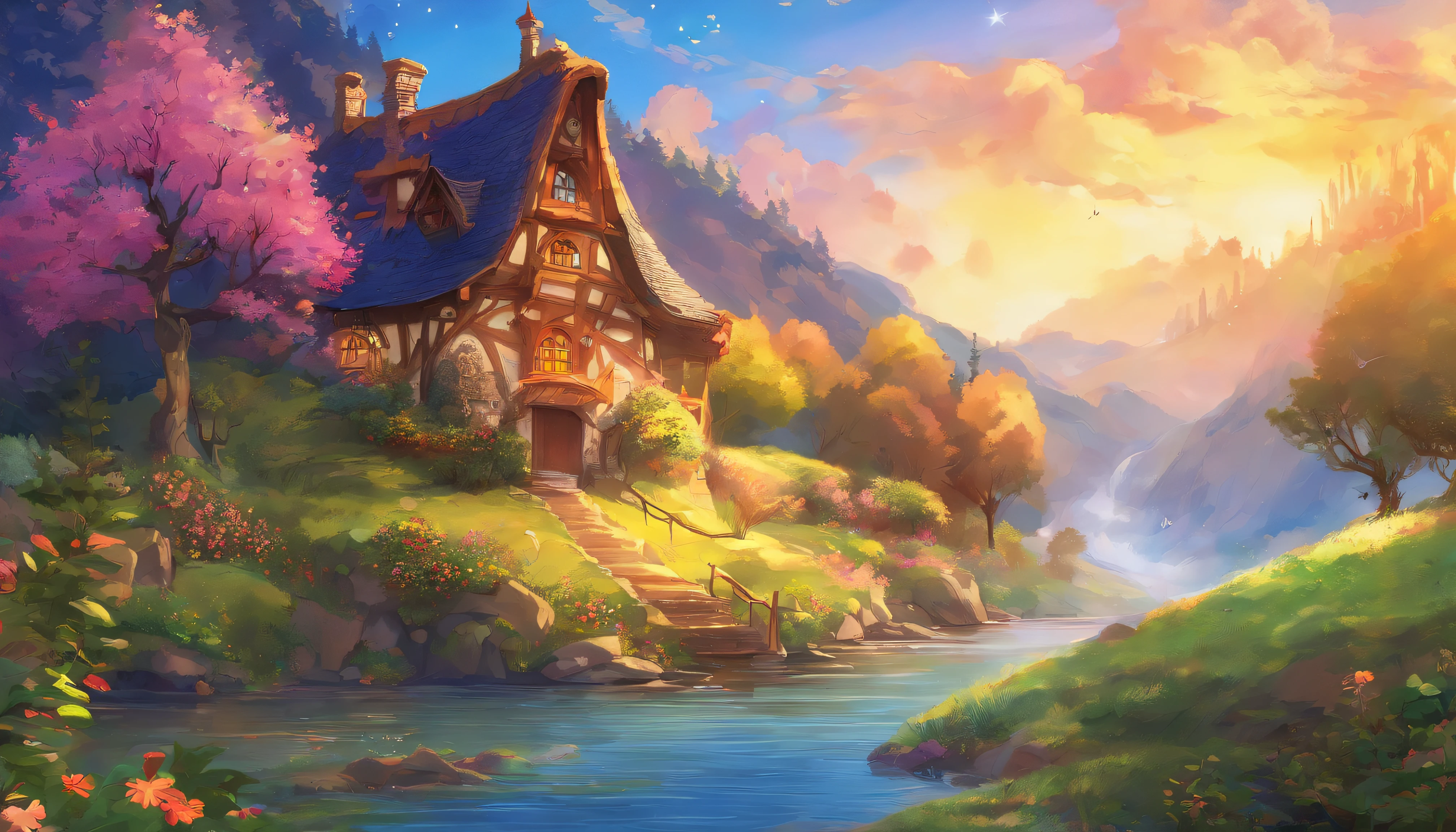 anime style cottage near a river, vivid colours, anime background art, anime countryside landscape, beautiful anime scenery, anime background, anime landscape wallpaper, anime scenery concept art, anime landscape, anime scenery, anime beautiful peace scene, background artwork, beautiful anime scene, scenery artwork, anime nature wallpap, anime art wallpaper 8 k, anime art wallpaper 4 k