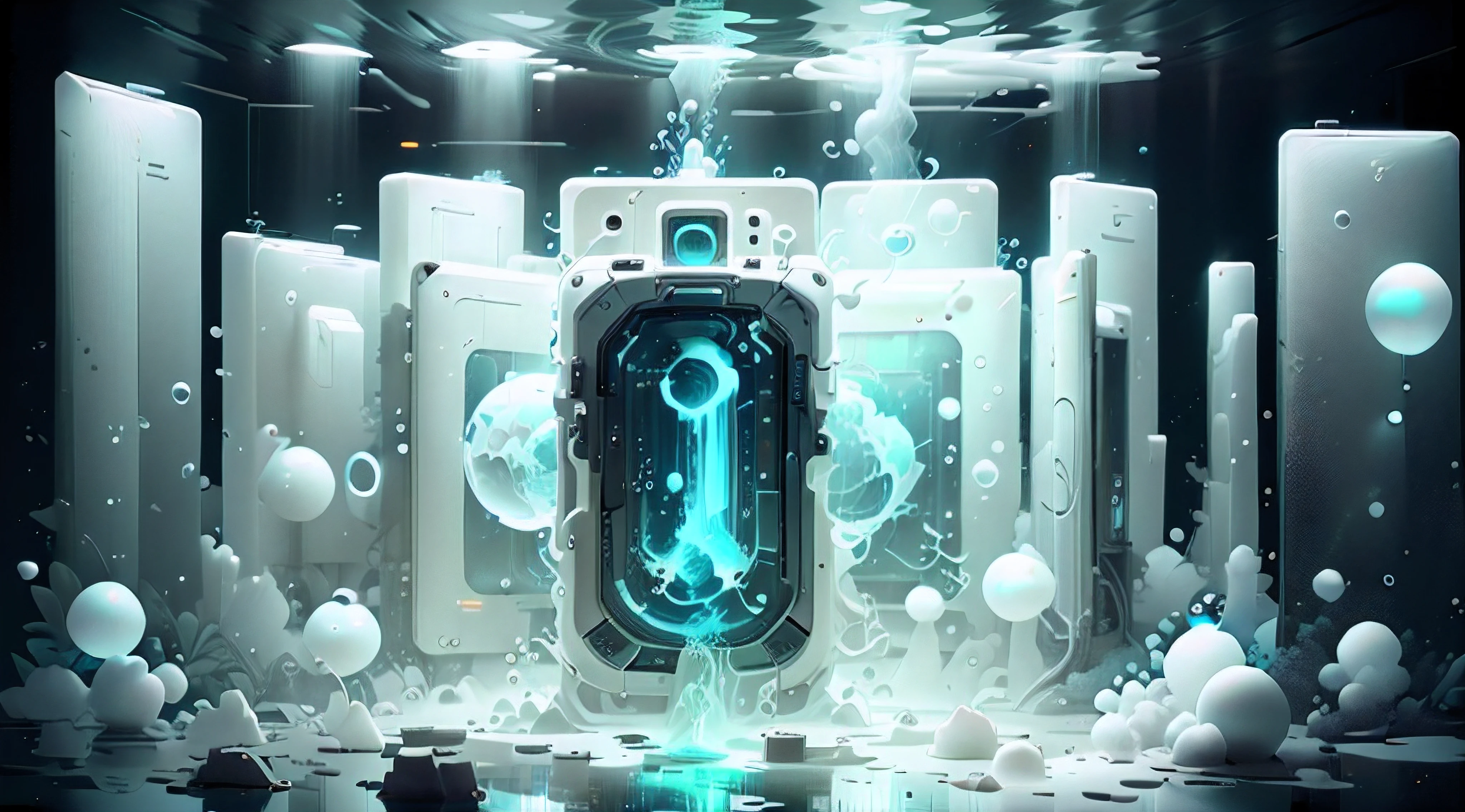 square square design factory,white and light blue environment,bubbles floating around,facility beatifull --auto