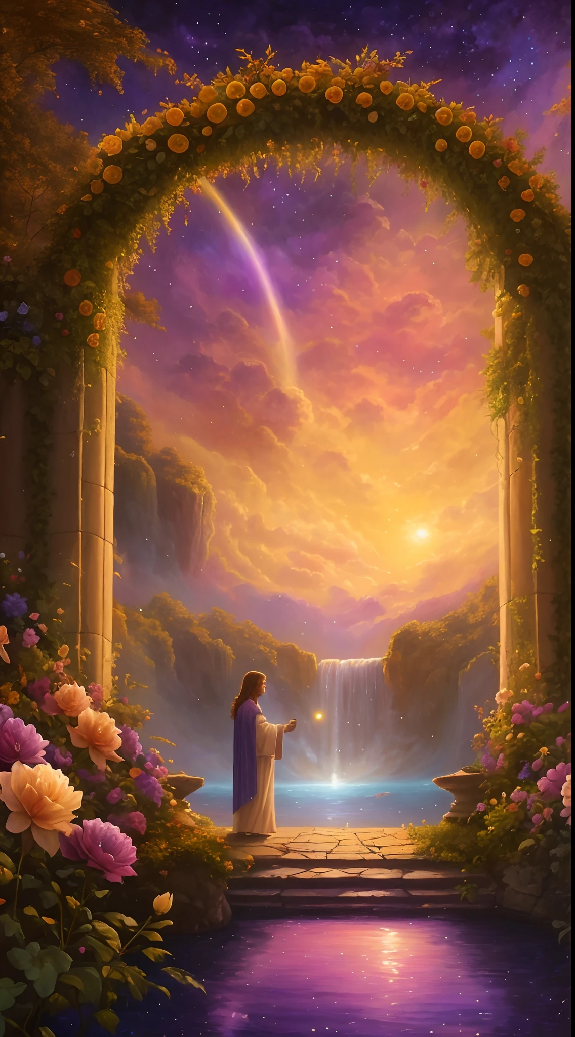 a painting of Jesus standing in a garden with flowers, beautiful art uhd 4 k, heavens gate, inspired by Christophe Vacher, magical colors and atmosphere, portal to the ethereal realm, fantasy artrealistic painting, background artwork, dreamlike digital painting, entrance to ethereal realm, fantasy art behance, beeple and jeremiah ketner, magical landscape