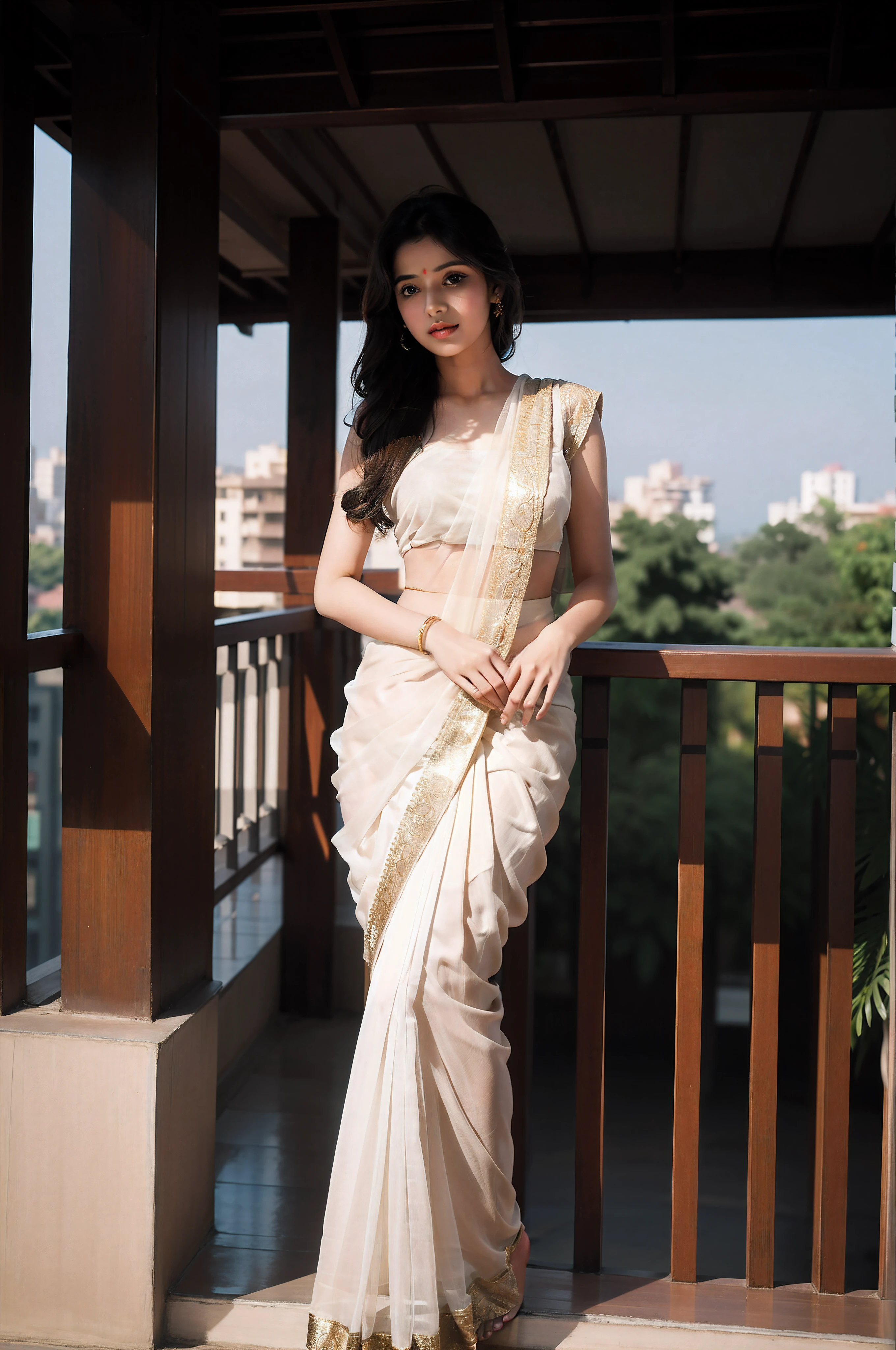 REALISTIC, MASTERPIECE, 25 year old girl wearing saree standing on balcony, photography posing, looking towards camera