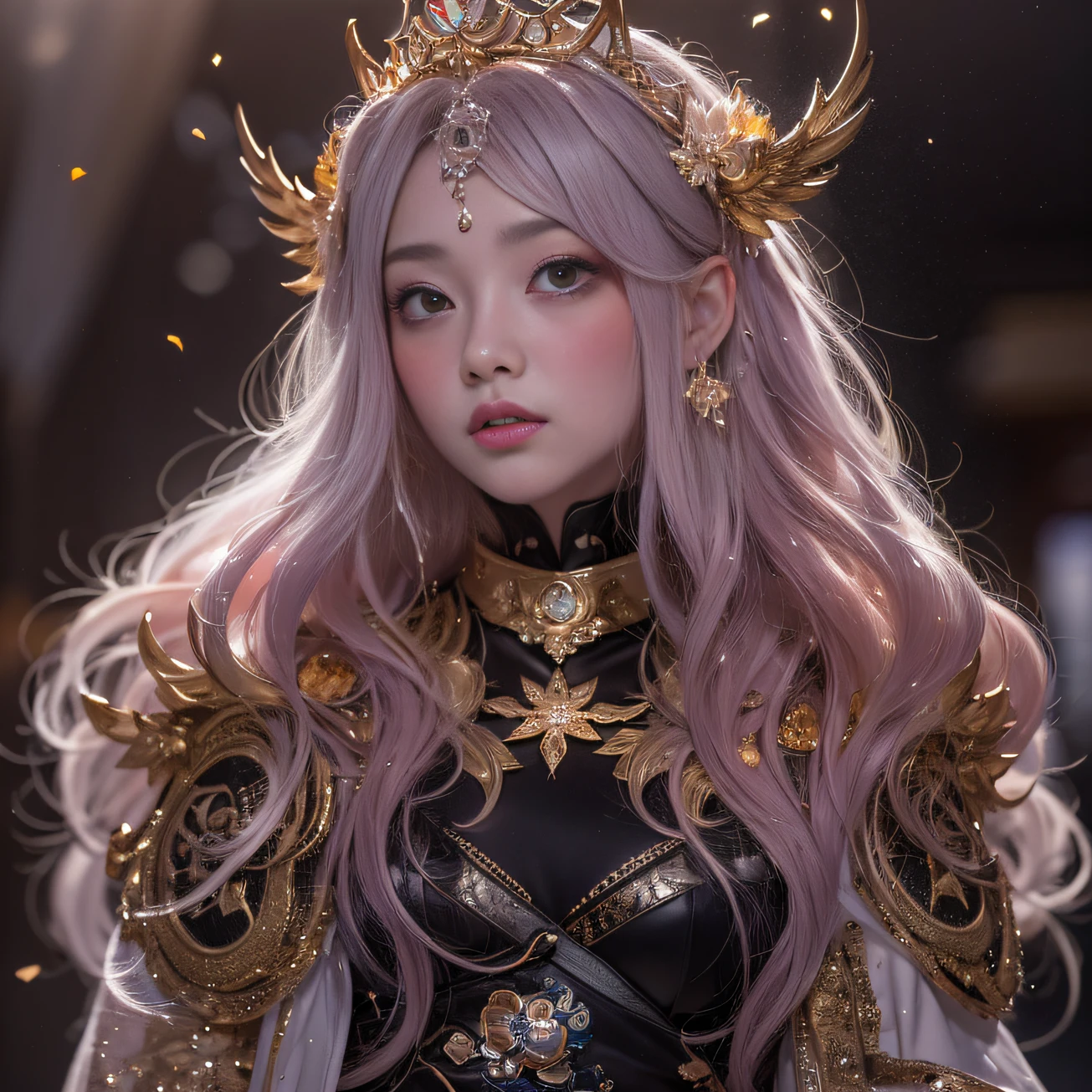 32K gradient glass texture（tmasterpiece，k hd，hyper HD，32K）Short purple-pink flowing hair，Pond area，Flame Girl ，Yao Lang protector （realisticlying：1.4），Python pattern robe，Black gold tiara，Snowflakes fluttering，The background is pure，Hold your head high，Be proud，The nostrils look at people， A high resolution， the detail， RAW photogr， Sharp Re， Nikon D850 Film Stock Photo by Jefferies Lee 4 Kodak Portra 400 Camera F1.6 shots, Rich colors, ultra-realistic vivid textures, Dramatic lighting, Unreal Engine Art Station Trend, cinestir 800，Hold your head high，Be proud，The nostrils look at people，Short burgundy hair