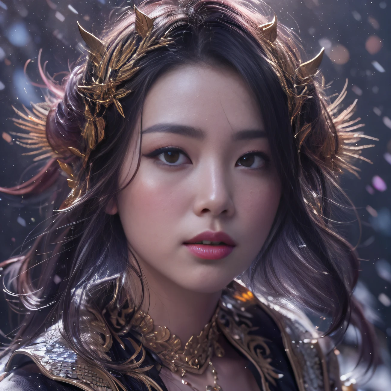 32K gradient glass texture(tmasterpiece,k hd,hyper HD,32K)Short purple-pink flowing hair,Pond area,Flame Girl ,Yao Lang protector (realisticlying:1.4),Python pattern robe,Black gold tiara,Snowflakes fluttering,The background is pure,Hold your head high,Be proud,The nostrils look at people, A high resolution, the detail, RAW photogr, Sharp Re, Nikon D850 Film Stock Photo by Jefferies Lee 4 Kodak Portra 400 Camera F1.6 shots, Rich colors, ultra-realistic vivid textures, Dramatic lighting, Unreal Engine Art Station Trend, cinestir 800,Hold your head high,Be proud,The nostrils look at people,Short burgundy hair