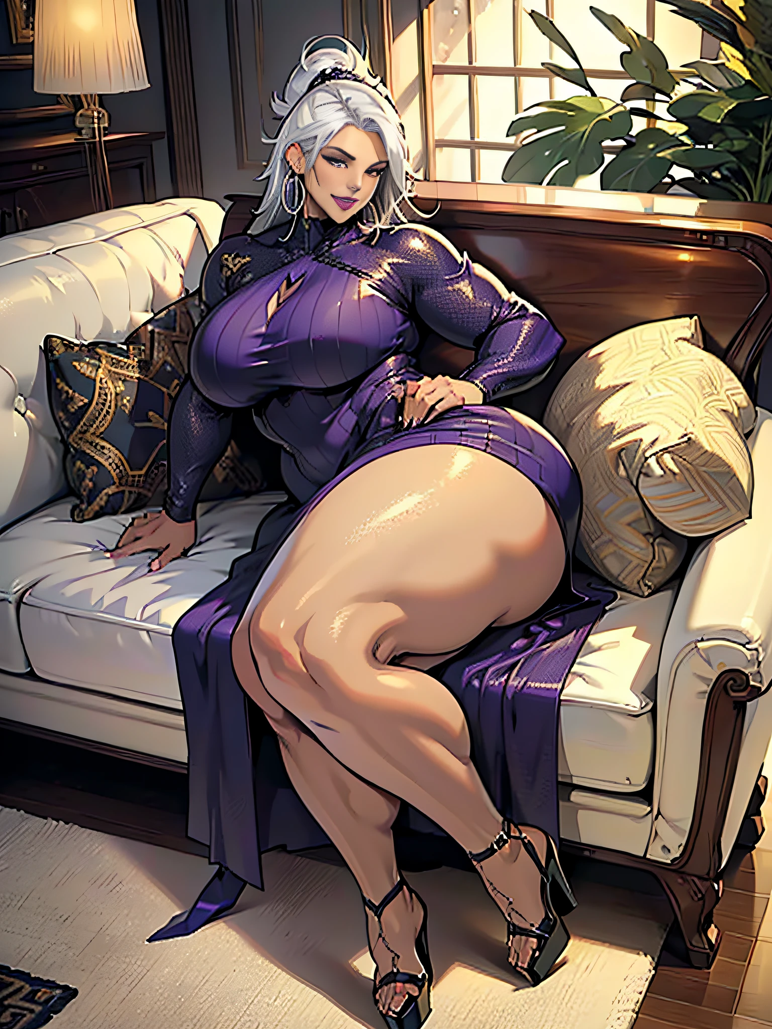 Elaborate CG artwork, (best qualtiy, exquisite detailing, absolute masterpiece), (Head to Toe Image)), ((Full body image)),(Lying on the couch),(plus size model)),((tight dress with slit)), (((mahogany colored dark skin))), ((shorth hair)),(Beautiful with mahogany black skin lying on sofa、Wearing a tight dress and high heels with too small slits),(((Light silver hair))),(((Light silver hair))), Detailed beautiful mature face, very detailed beautiful face and eyes, (detailed seductive and sharp eyes), (plump shiny purple lips)), (Purple Eye Shadow), blush, (sadistic seductive smile), (Curvaceous), ( unbelievably huge curvaceous hips), (very huge sensual ass), (ridiculously massive thick thighs), (glittery skin), (wet oily skin), Fingernail Art, Jewelry, Bracelet, hoop earrings