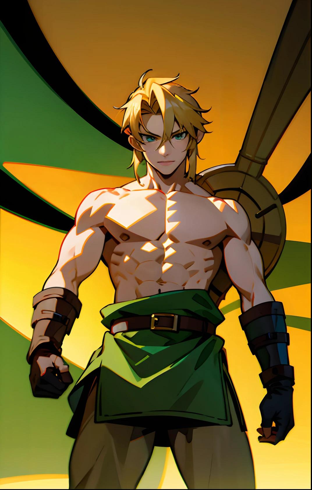 blond, tall, green-eyed guy, viking style, russian hero style, strong, anime style, anime , link, gloves, standing, topless , (muscular:0.5)(from above:0.1),(sport:0.2), (empty dojo),(smiling:0.4), belt, harness