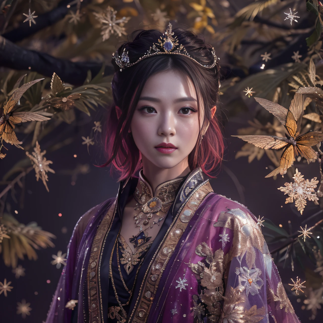 32K gradient glass texture（tmasterpiece，k hd，hyper HD，32K）Short purple-pink flowing hair，Near the pond，Flame Girl ，Yao Lang protector （realisticlying：1.4），Python pattern robe，Black gold tiara，Snowflakes fluttering，The background is pure，Hold your head high，Be proud，The nostrils look at people， A high resolution， the detail， RAW photogr， Sharp Re， Nikon D850 Film Stock Photo by Jefferies Lee 4 Kodak Portra 400 Camera F1.6 shots, Rich colors, ultra-realistic vivid textures, Dramatic lighting, Unreal Engine Art Station Trend, cinestir 800，Hold your head high，Be proud，The nostrils look at people，Short burgundy hair