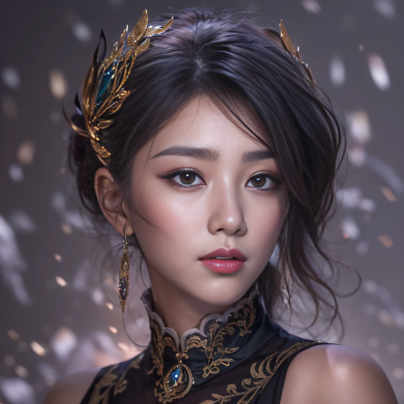 32K gradient glass texture(tmasterpiece,k hd,hyper HD,32K)Short purple-pink flowing hair,Hot Spring Area,Flame Girl ,Yao Lang protector (realisticlying:1.4),Python pattern robe,Black gold tiara,Snowflakes fluttering,The background is pure,Hold your head high,Be proud,The nostrils look at people, A high resolution, the detail, RAW photogr, Sharp Re, Nikon D850 Film Stock Photo by Jefferies Lee 4 Kodak Portra 400 Camera F1.6 shots, Rich colors, ultra-realistic vivid textures, Dramatic lighting, Unreal Engine Art Station Trend, cinestir 800,Hold your head high,Be proud,The nostrils look at people,Short burgundy hair