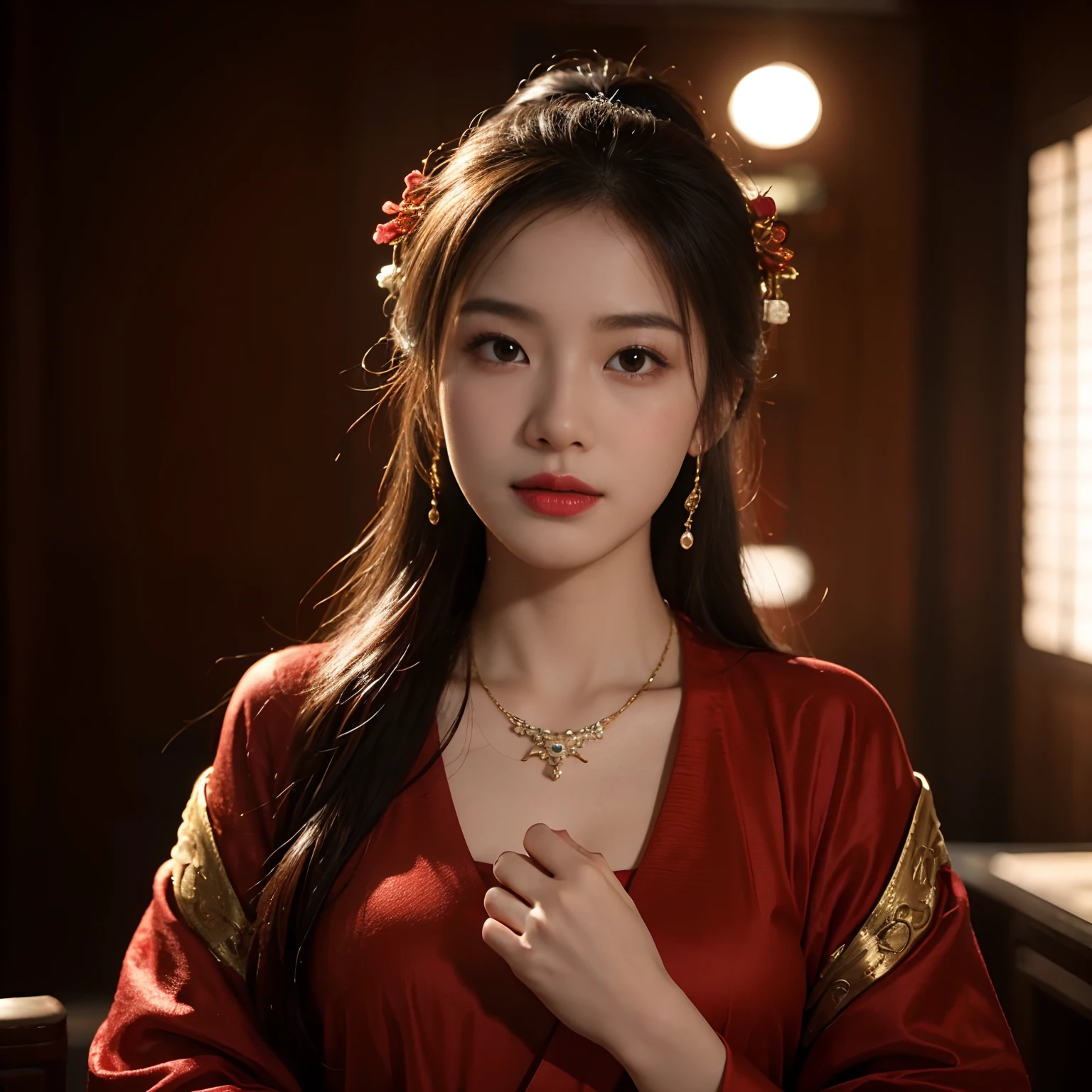 Best Quality, masutepiece, hight resolution, 1girl in, Photograph the whole body,china hanfu,Background of Chinese Architect, red scarf, Hair Ornament,Necklace, Jewelry,Beautiful face,Inserting a into the_Body, Tindall Effect,Photorealistic, Dark Studio, Rim lighting, two tone lighting,(High detailed skin:1.2), Digital SLR, Soft lighting, High quality, Volumetric lighting, Candid, photograph, High resolution, 4K, 8K, Bokeh,Red Dress Girl