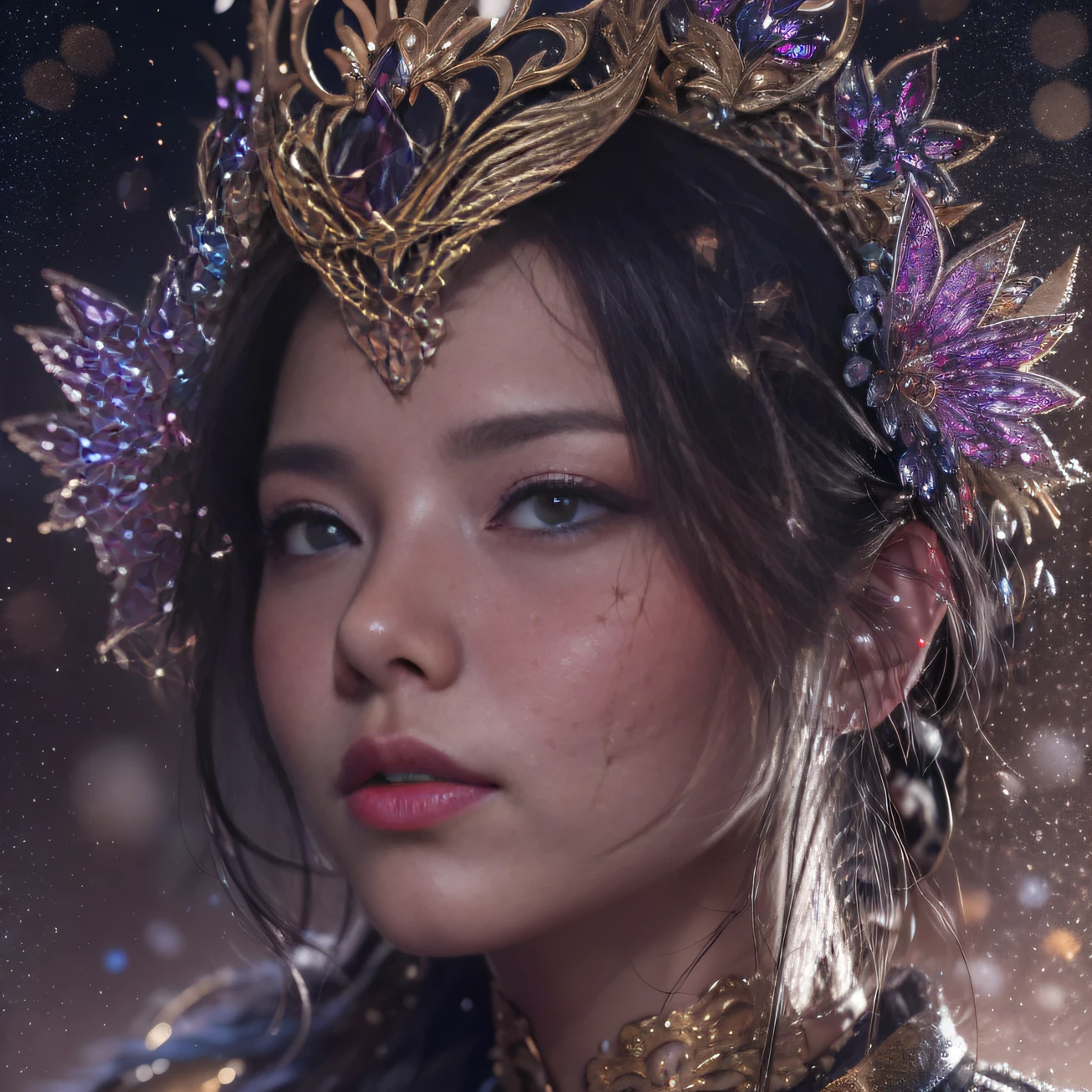 32K gradient glass texture(tmasterpiece,k hd,hyper HD,32K)Short purple-pink flowing hair,Pond area,Flame Girl ,Yao Lang protector (realisticlying:1.4),Python pattern robe,Black gold tiara,Snowflakes fluttering,The background is pure,Hold your head high,Be proud,The nostrils look at people, A high resolution, the detail, RAW photogr, Sharp Re, Nikon D850 Film Stock Photo by Jefferies Lee 4 Kodak Portra 400 Camera F1.6 shots, Rich colors, ultra-realistic vivid textures, Dramatic lighting, Unreal Engine Art Station Trend, cinestir 800,Hold your head high,Be proud,The nostrils look at people,Short burgundy hair