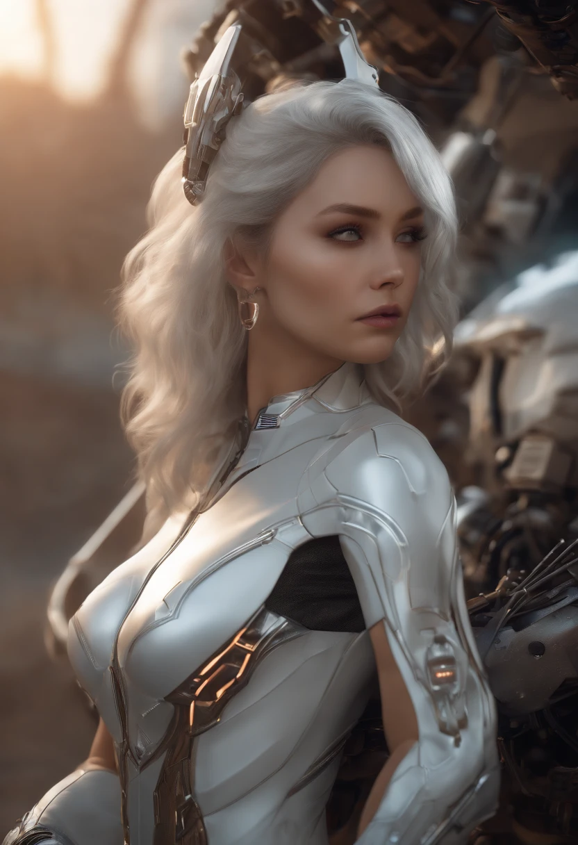 (8k, RAW photo, realistic, photo-realistic:1.5), masterpiece, best quality, high resolution, extremely detailed, detailed background, cinematic lighting, 1girl, silver hair, naughty face, drooling, blush, science fiction, mecha, cockpit, control stick, fake animal ears, white leotard, highleg leotard, looking at viewer, on stomach, lying, leaning forward, straddling, sideboob, glowing, skindentation, wire and cable, sideboob, holographic monitor