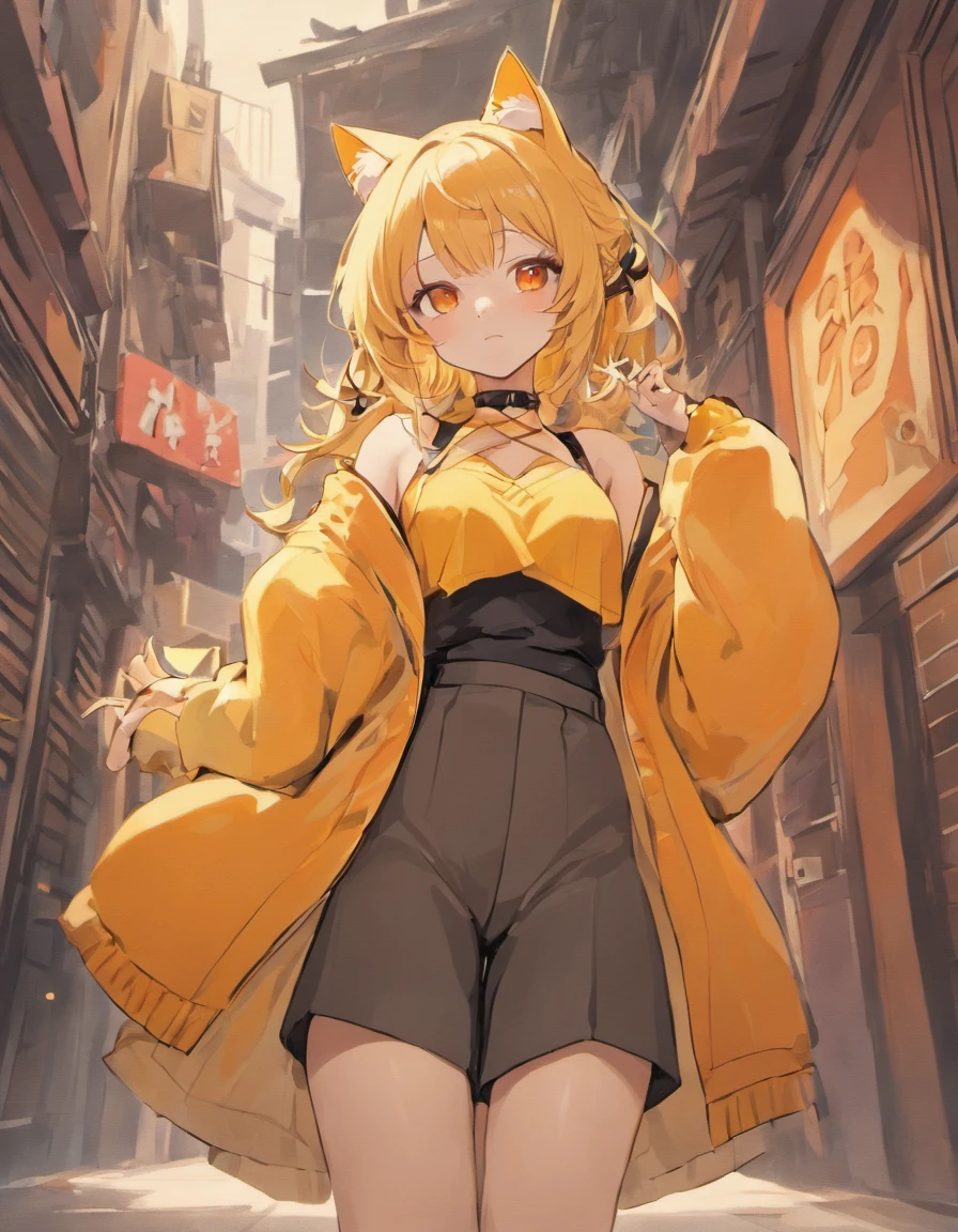 （cat ears）, （（deep-set, captivating, enigmatic,darkorange eyes））、（blonde hair） 、absurdly long hair、happy
、large breasts、see through、cameltoe、Costume Project ThemeFall/Winter: Return to Dust，Style: Urban simplicity, Old money style, Reference brand TEME 2023. Colors of Moya Seoul 2023: momo, Amber Brown, More about Orange Yellow: The top is smart，Casual culottes with loose straps，White shirt material: linen, Cotton, Silk, fleece, Full body front design