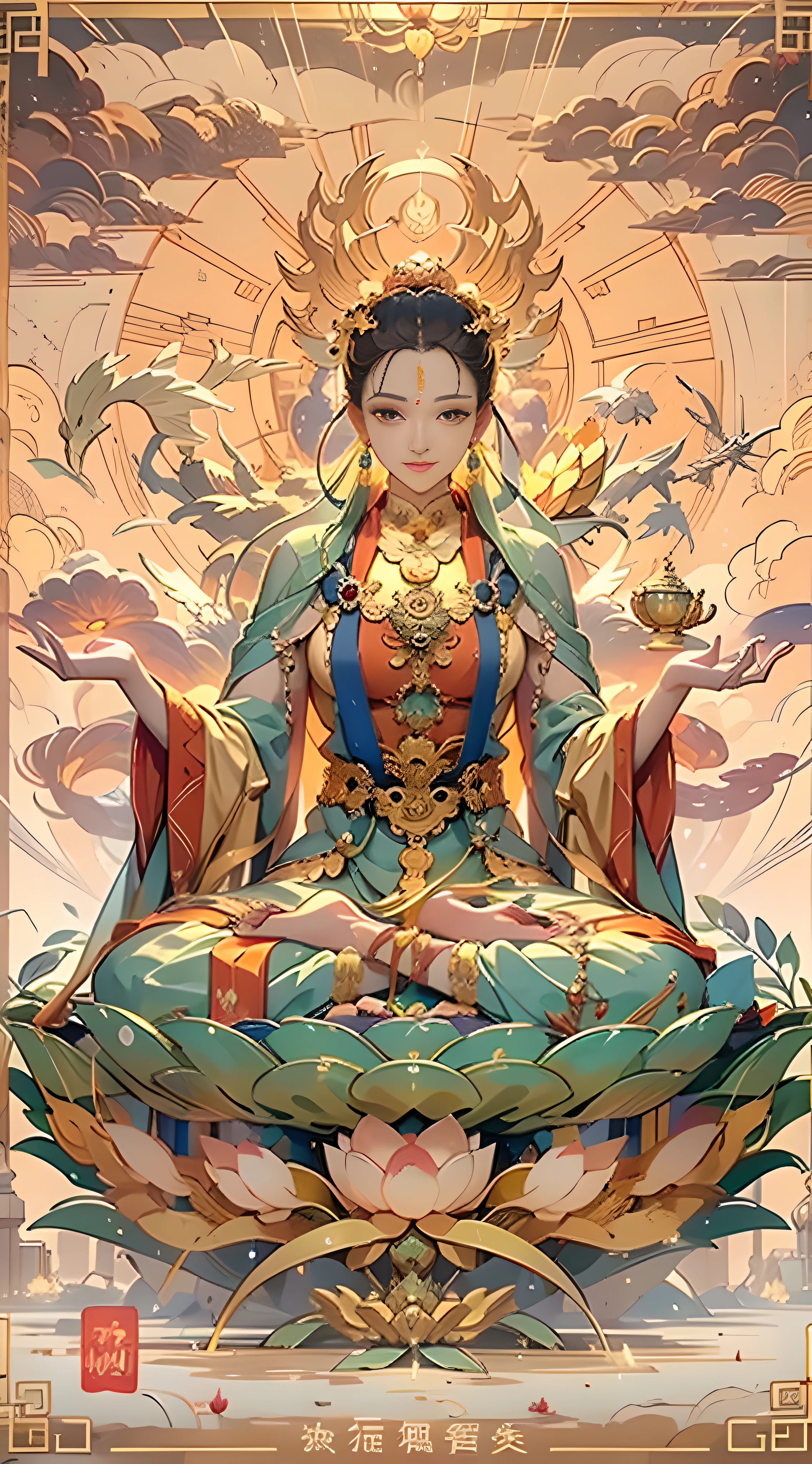 (Chinese immortals), (Buddhism), Multip_Hands,(mythological stories), (bodhisattva), She sits on a lotus, (Three hands on the left,Three hands on the right, Each hand holds a different Buddhist vessel, left right symmetry),(Delicate and beautiful face), (White silk robe)sitting on a lotus flower, Frontal photo,Light smile, neo-classical, OP Art, Chiaroscuro, Cinematic lighting, god light, Ray tracing, character sheets, projected inset, first person perspective, hyper HD, Masterpiece, ccurate, Textured skin, Super detail, High details, High quality, Award-Awarded, Best quality, A high resolution, 8K