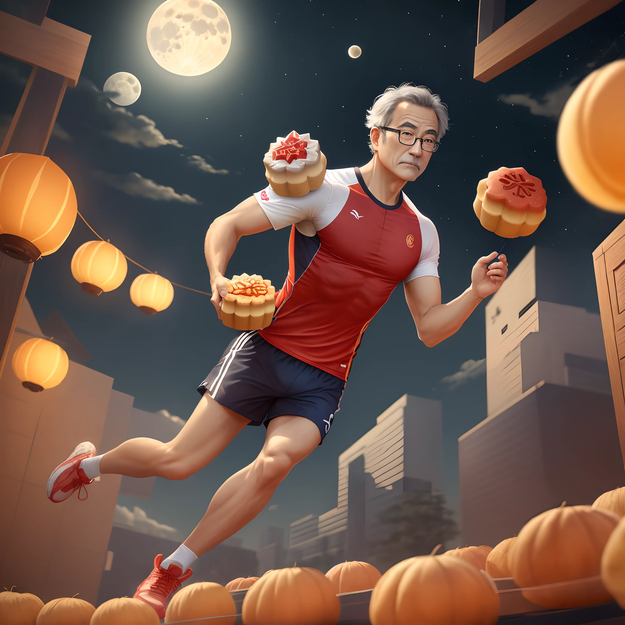 mid-autumn festival，Middle-aged glasses man，Wear sportswear，Take mooncakes