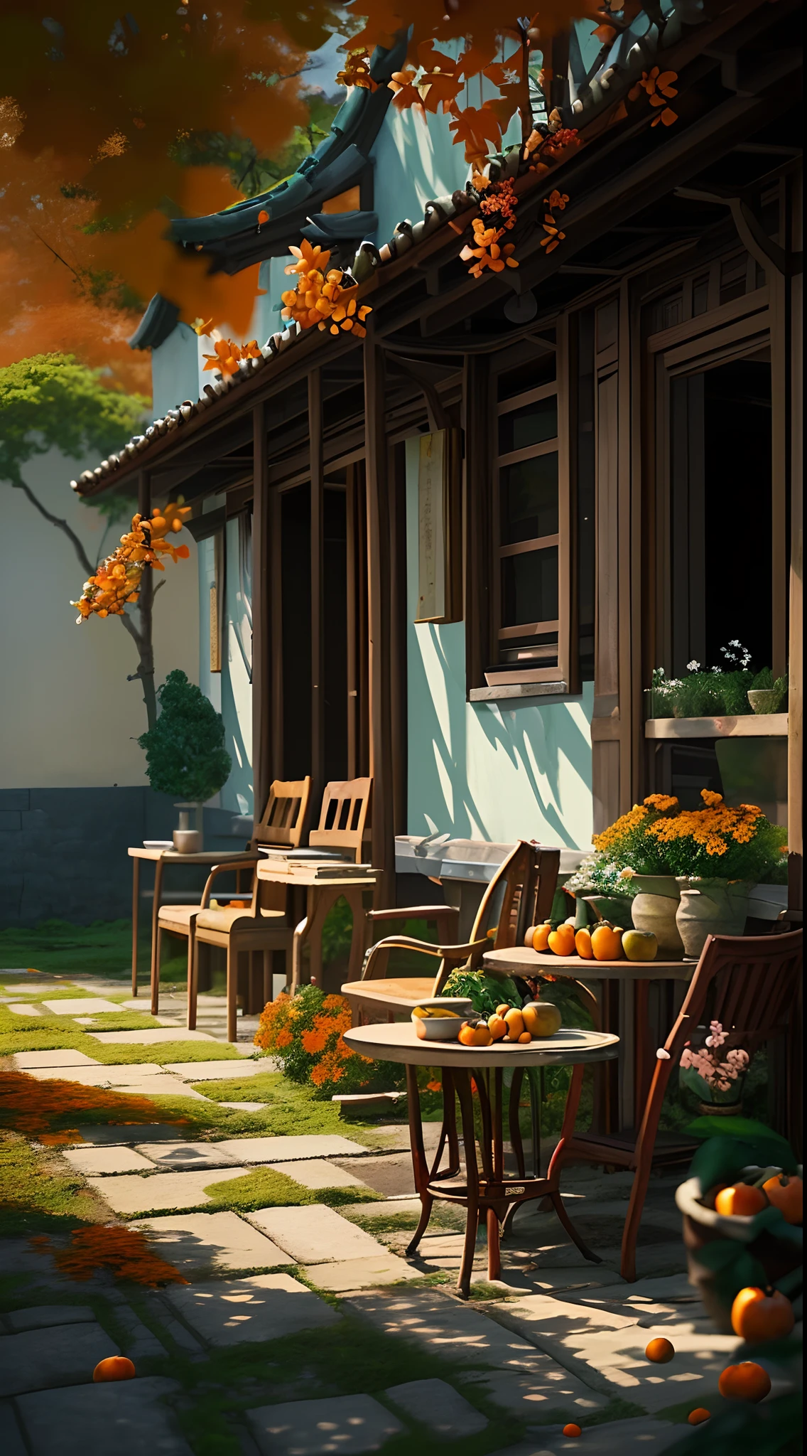 Chinese countryside in the 80s，tile-roofed house，It has a sense of age，Warm late autumn colors，Wooden table and chairs in the courtyard，There are fruit plates on the table，It is surrounded by flowers and plants，There are trees and flowers around，A beautiful artwork illustration，landscape artwork，autumnal，Morning，There is a persimmon tree，It is covered with red persimmons，Lens wide angle，Faraway view，Works of masters，Anime background art，ghibli studio art，
