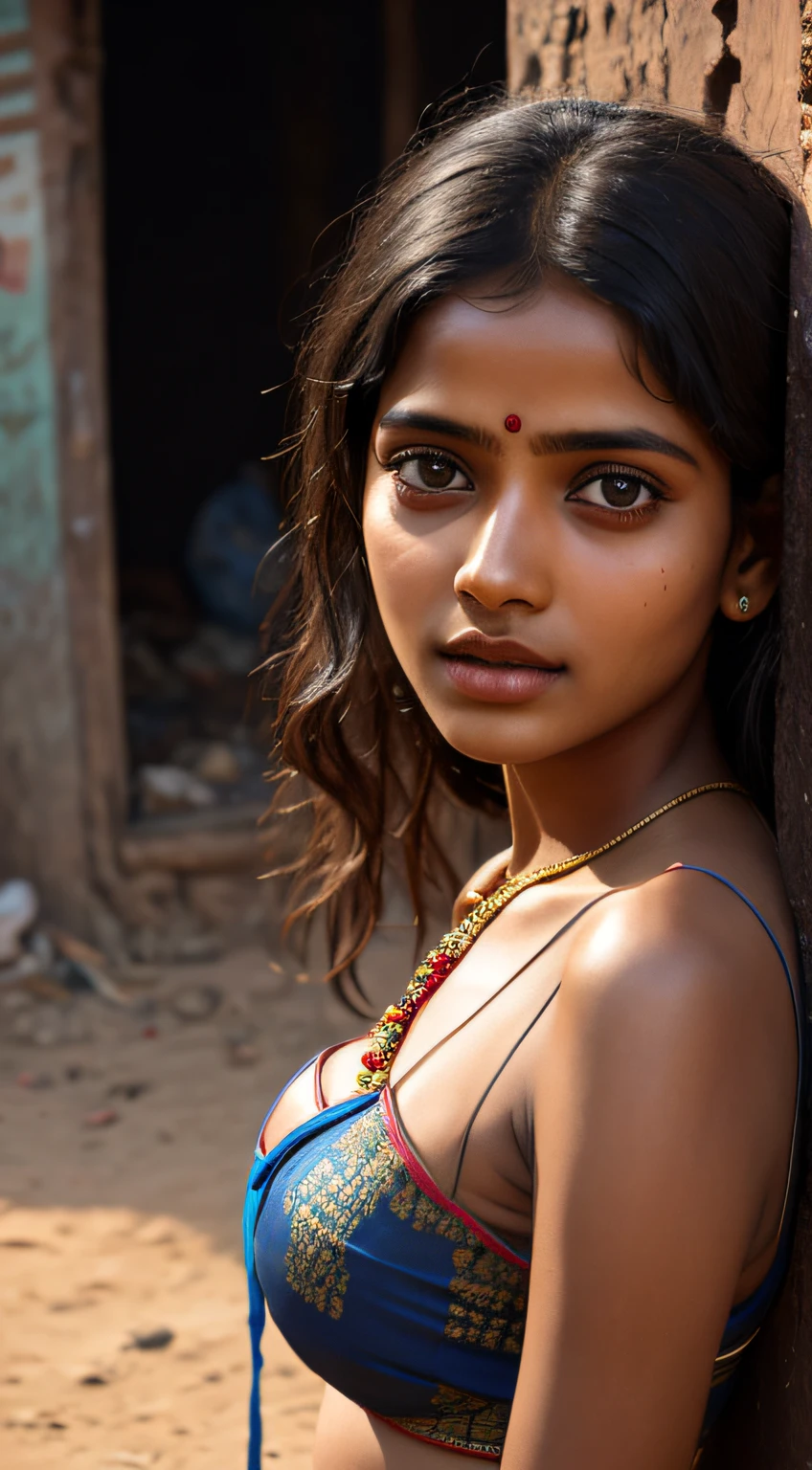 young Indian girl ugly , 18-year-old, ugly dress, poor girl surrounded by people begging , gentle sun lighting on face , firm boobs, wearing low waist saree, wide background, full body photo, village , Ugly Slum, , village girl vibe, intricate facial details, full body picture,pose flawless complexion, top-notch 3D rendering, hyper-realistic, shot on Indian road. photorealistic digital art trending on Artstation 8k HD high definition detailed realistic, detailed, skin texture, hyper detailed, realistic skin high resolution, detailed, raw photo, 400 camera f1.6 lens rich colors hyper realistic lifelike texture