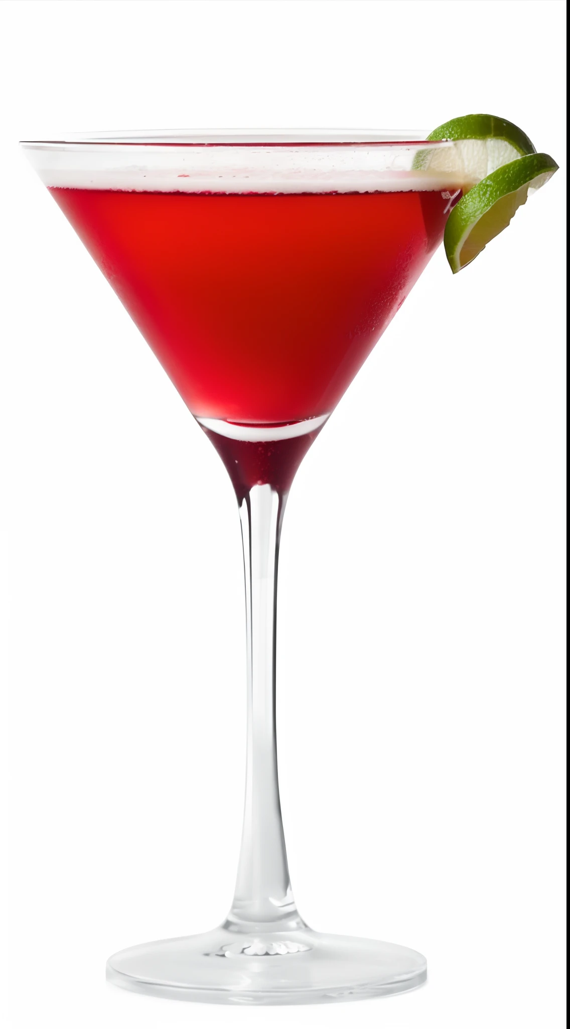 a close up of a red cocktail in a glass with a lime garnish, white background , white background