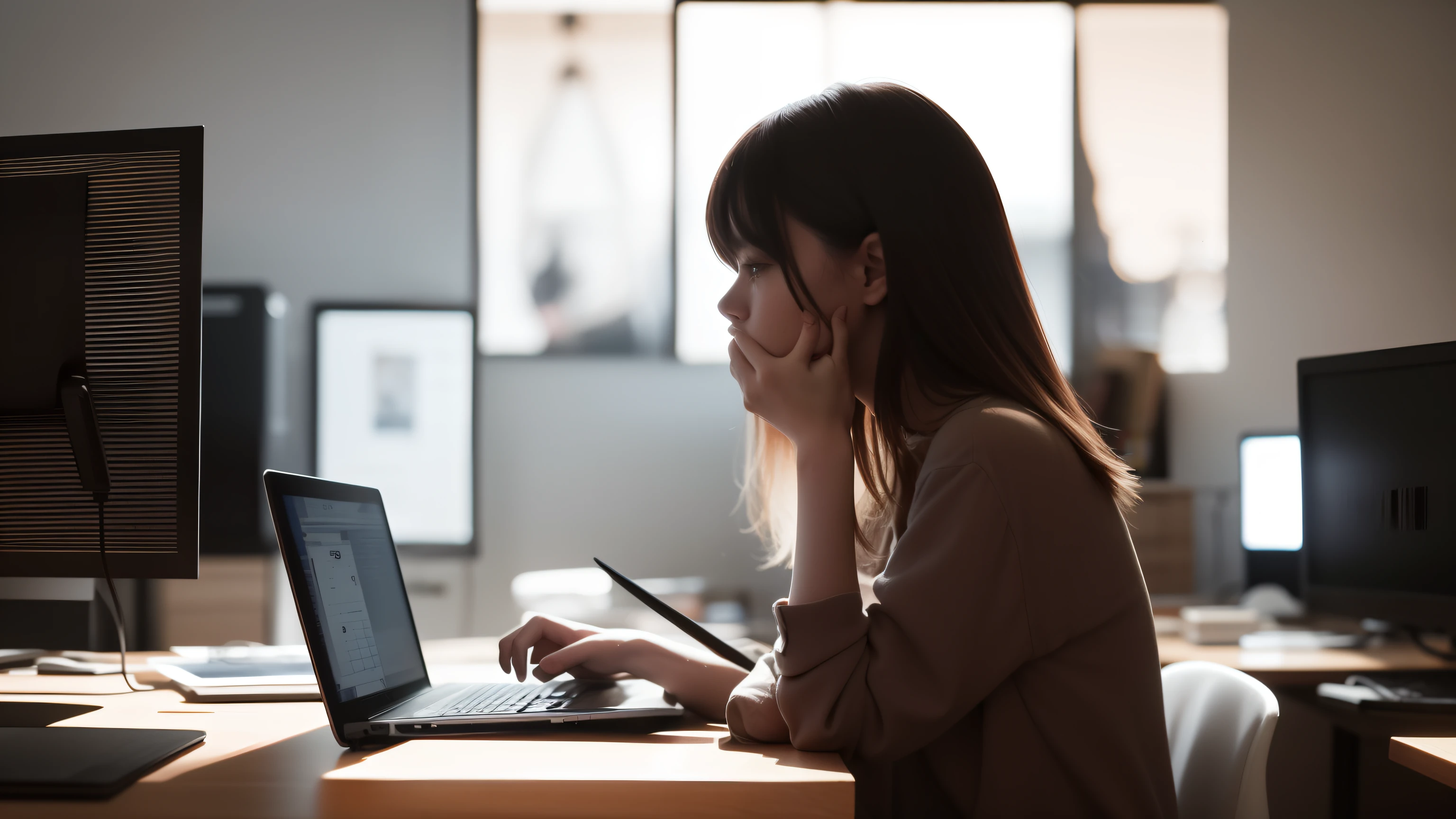 There is a blurry image of a woman using a laptop, Grainy low-quality photos, very grainy image, Grainy photo, grainy movie still, computer painting, grainy low quality, Grainy photo, grainy picture, Underexposed concealed view, Grainy and damaged photos, In front of a computer, low quality grainy