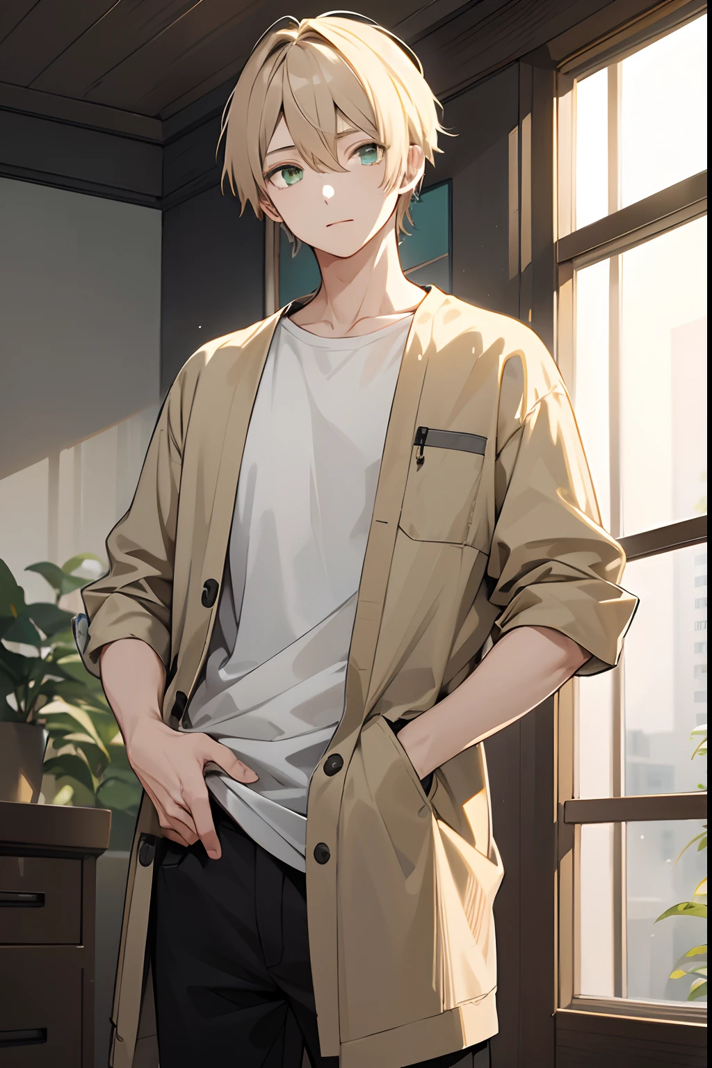 ((1 Young Man))、Beige hair color、shorth hair、the eyes are light green、tall、Casual clothing