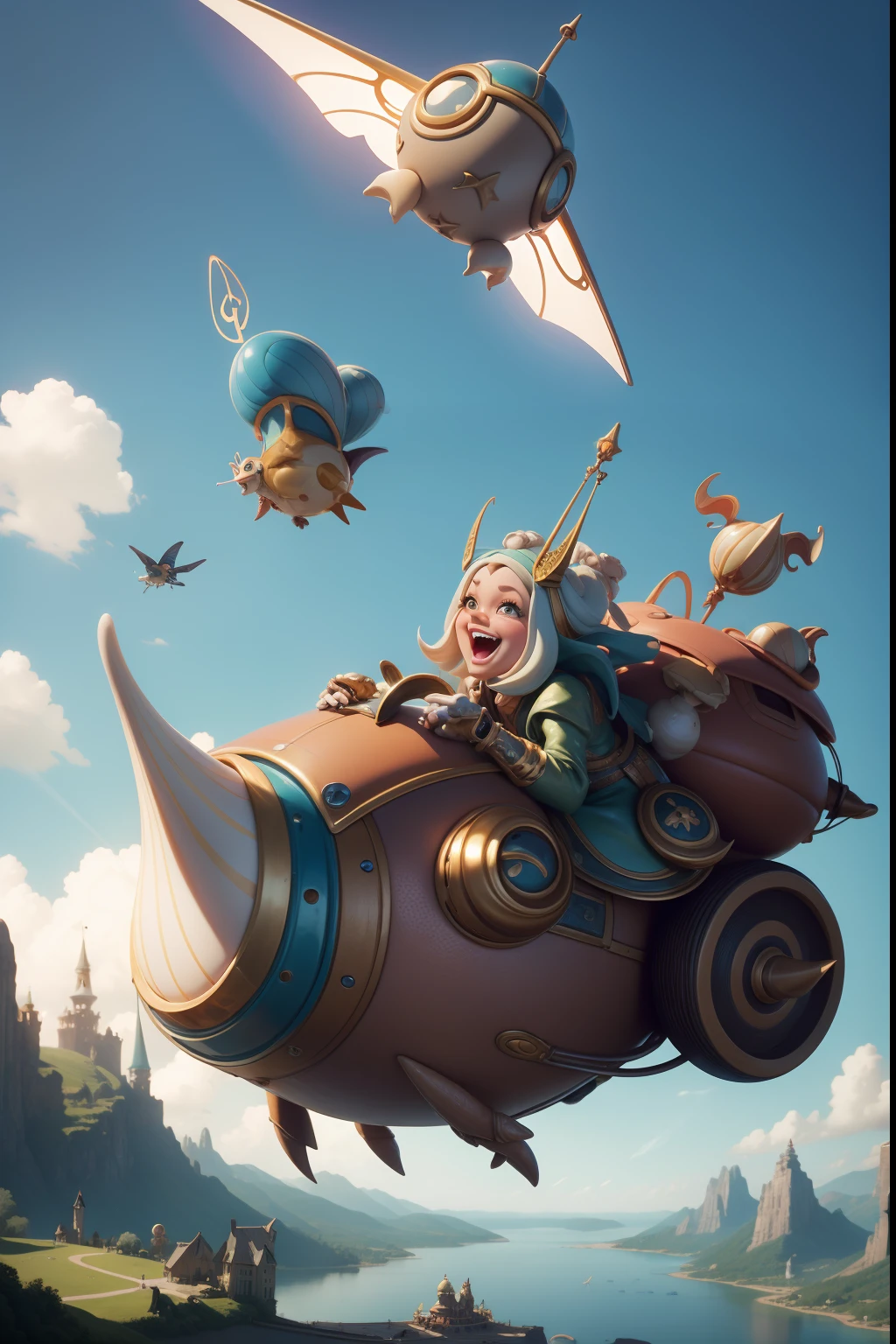 Hieronymus Bosch's fantasy world with flying friendly huge mechanical snails. Riding a snail - beautiful sexy alien girl. a closeup of a. Flying over the lake. splatter, laughter, merriment. All the characters of the wonderful and funny Disney Pixar cartoon. super realistic. Cinematic. Blurred background in motion. Light haze