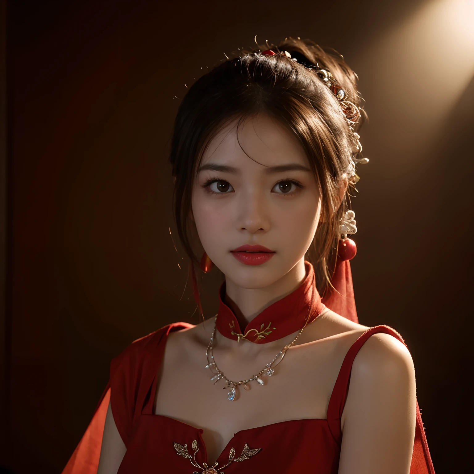 Best Quality, masutepiece, hight resolution, 1girl in, Photograph the whole body,china hanfu,Background of Chinese Architect, red scarf, Hair Ornament,Necklace, Jewelry,Beautiful face,Inserting a into the_Body, Tindall Effect,Photorealistic, Dark Studio, Rim lighting, two tone lighting,(High detailed skin:1.2), Digital SLR, Soft lighting, High quality, Volumetric lighting, Candid, photograph, High resolution, 4K, 8K, Bokeh,Red Dress Girl