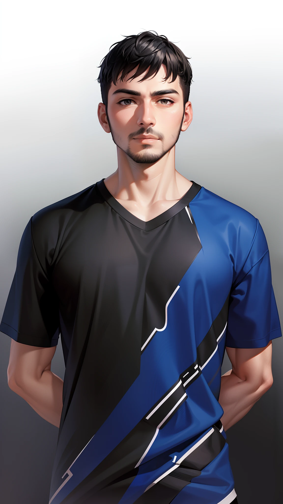 Attractive profile picture, masterpiece, ultra-precise rendering, simple design, most beautiful image, 4K, black hair, handsome, clean skin, facial hair beard, jersey