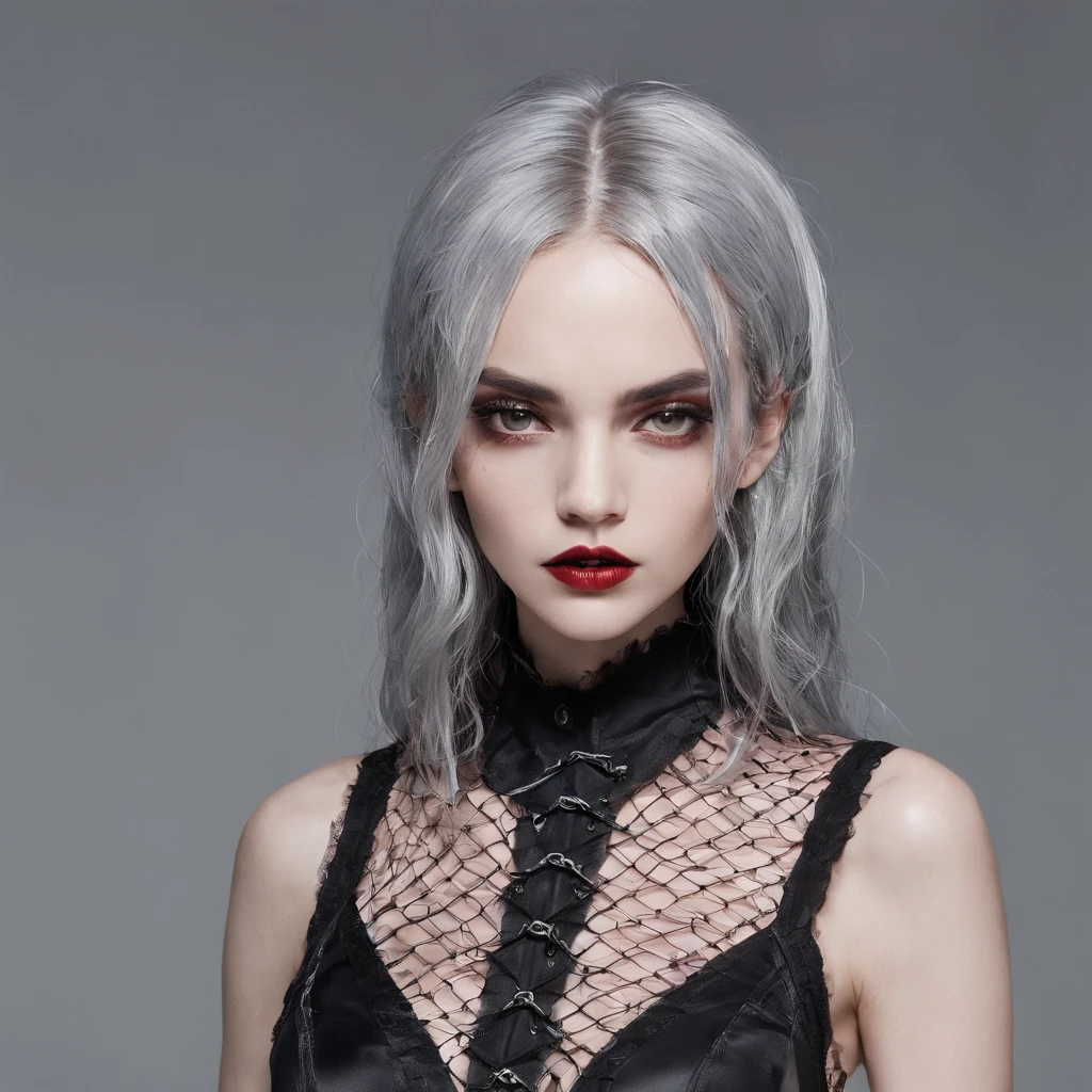 Girl with gothic net symbolic clothes, 。.com (Barbed wire of the body) brunette color hair，Gray hair ends