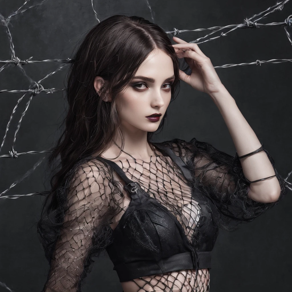woman with gothic net symbolic clothes, 。.com (Barbed wire of the body) brunette color hair, wavy hair, highres, absurdres, 4k, beautiful lighting, simple background, dark background, smirking, looking at viewer, hazel eyes