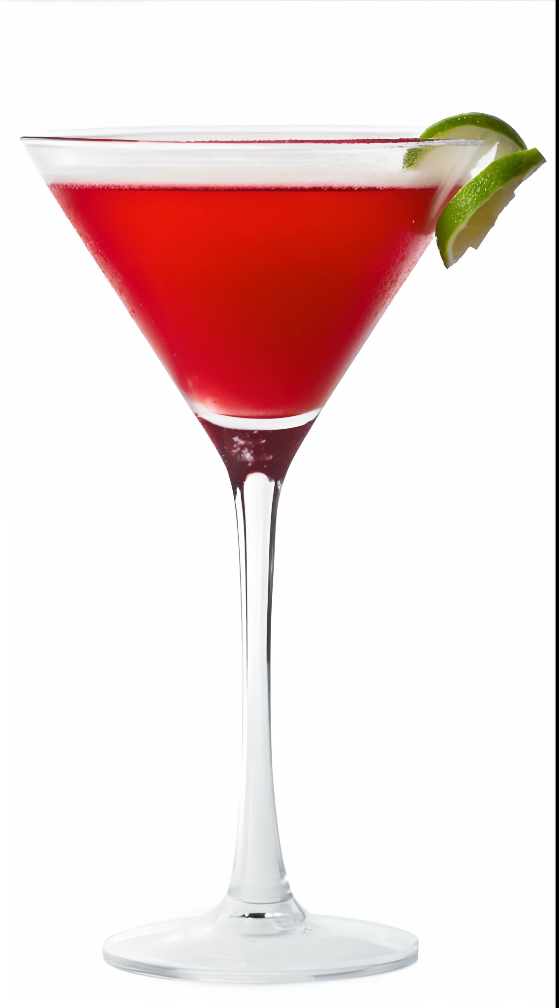 a close up of a red cocktail in a glass with a lime garnish, white background , white background