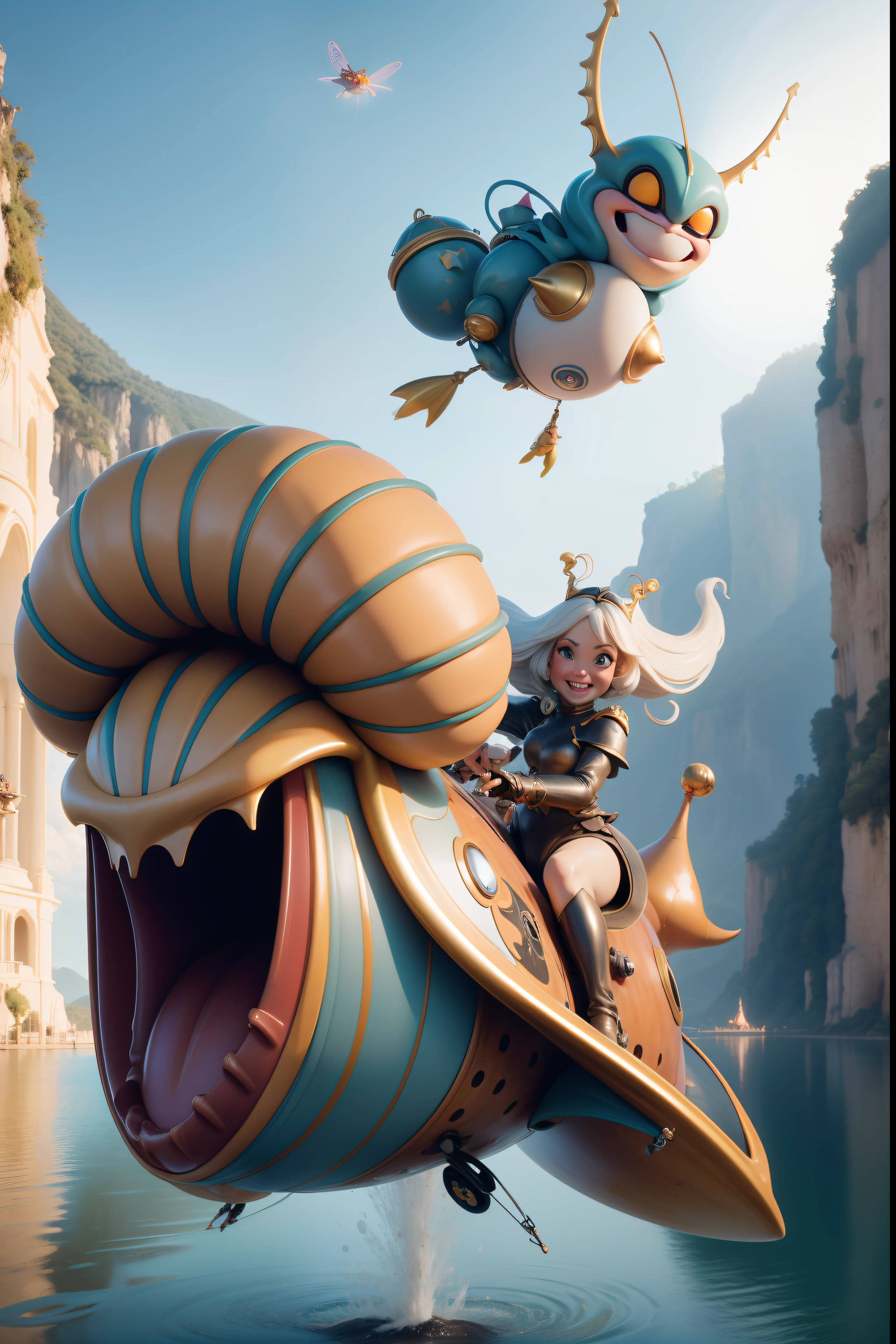 Hieronymus Bosch's fantasy world with flying friendly huge mechanical snails. Riding a snail - beautiful sexy alien girl. a closeup of a. Flying over the lake. splatter, laughter, merriment. All the characters of the wonderful and funny Disney Pixar cartoon. super realistic. Cinematic. Blurred background in motion. Light haze