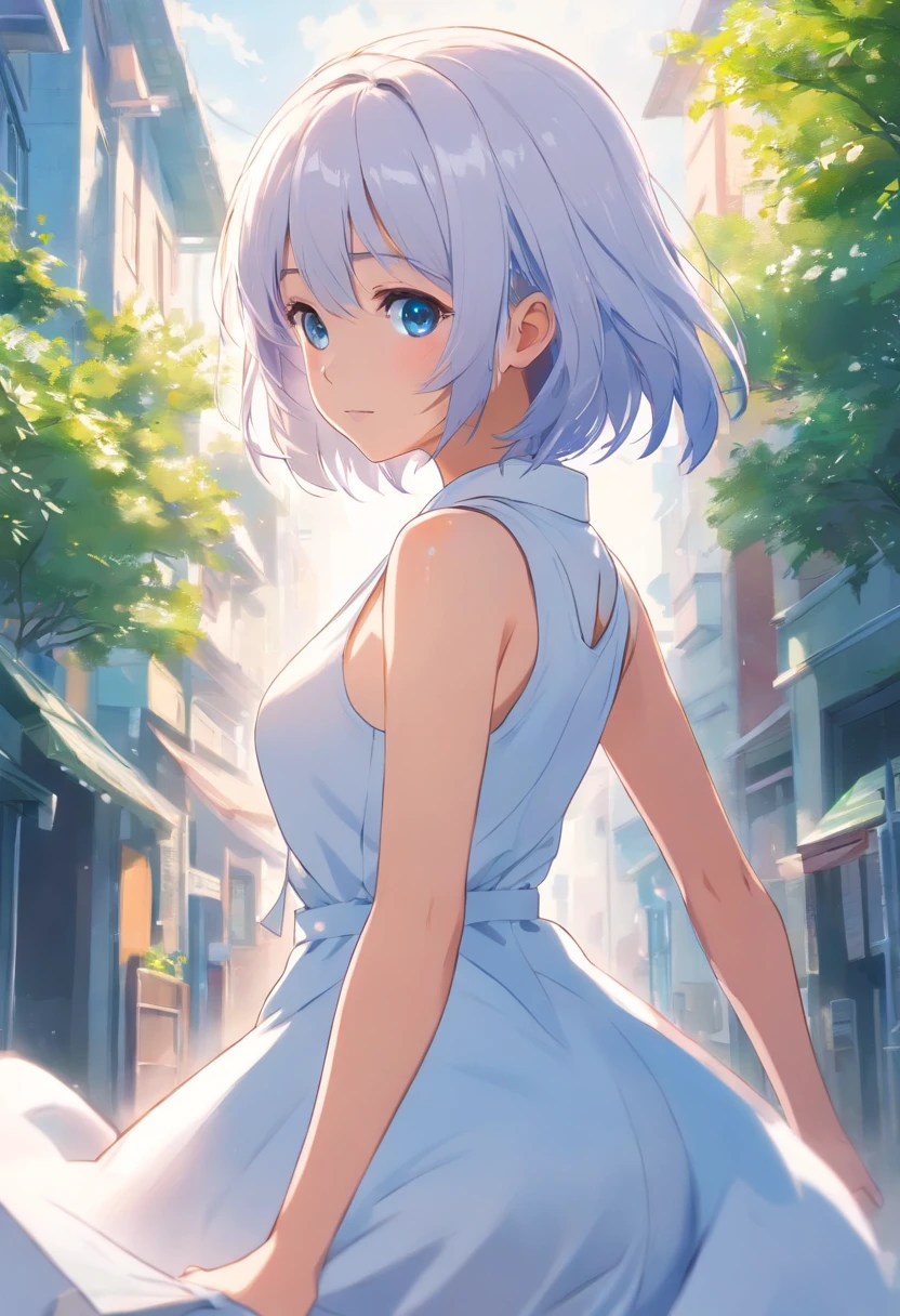 Girl in white dress breaks free,silber hair,eBlue eyes,(((Sleeveless))),loli in dress, small curvaceous loli, Guviz, small loli girl, Soft anime illustration, Anime visuals of cute girls, Detailed digital anime art,Manteau blanc,robe,whaite hair,Blue pupil,slenderness,highest quality,Beautiful and generous