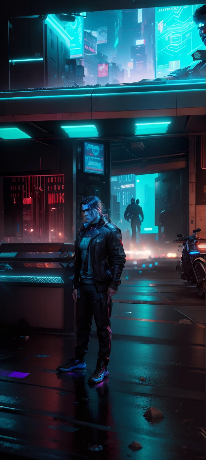 Change background cyberpunk handsome boy, realistic face, ak, ultra realistic,8k Jawan Movie poster like