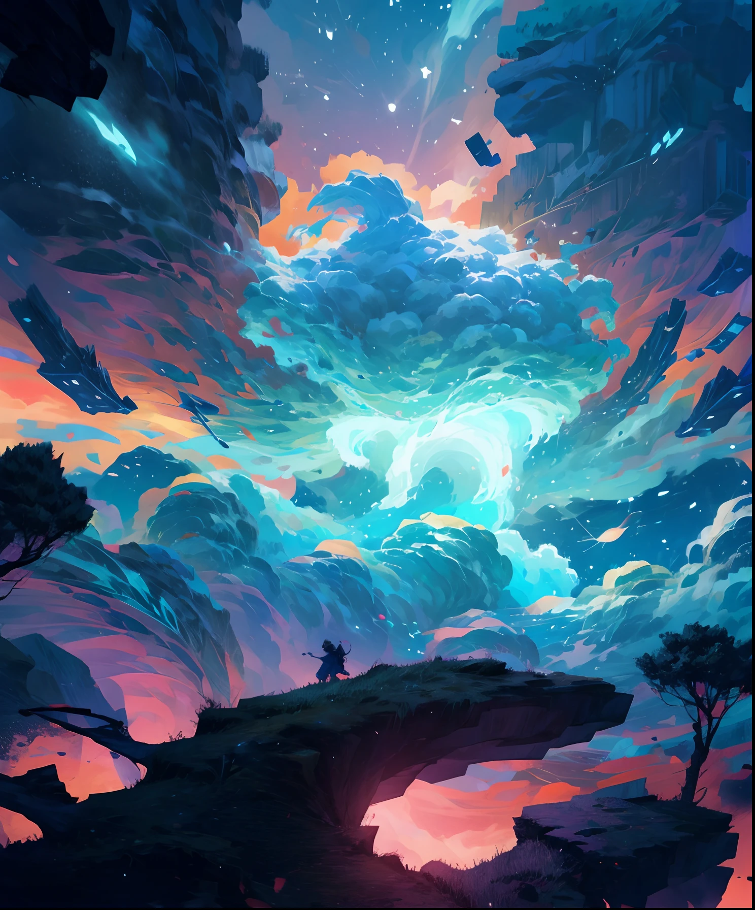 Describe a scene where a cute girl character is lying on a grassy hill, Looking up at the starry sky. Surround her with colorful nebulae and her favorite constellations.