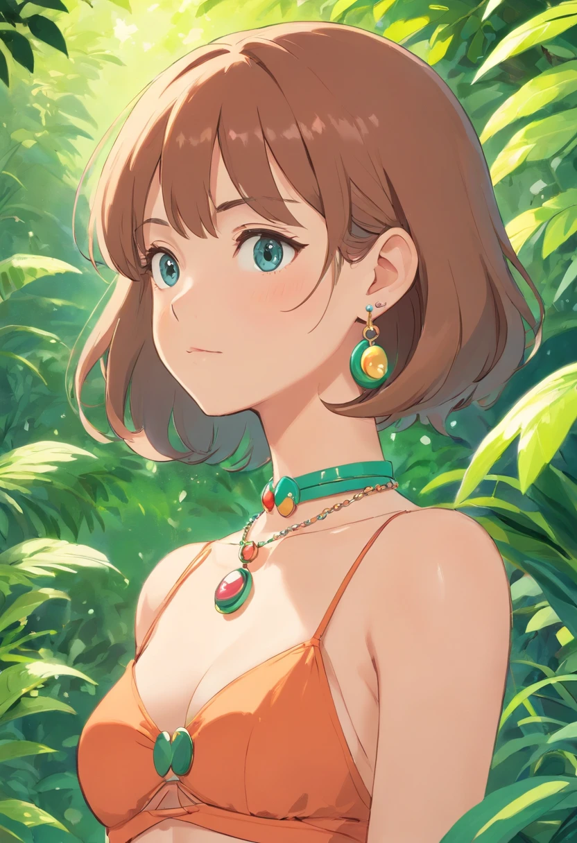 a girl wearing an anime collar, a long necklace and earrings, in the style of tranquil gardenscapes, colorful animation stills, bikini, sexy, in full growth, ghibli style