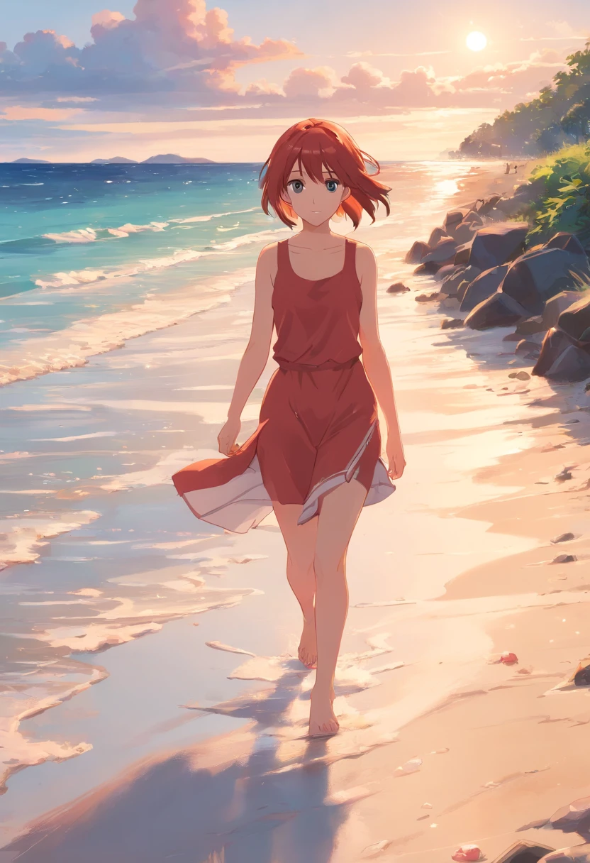 A girl walking on the beach，There is a small crab，red tinted hair，Walk barefoot