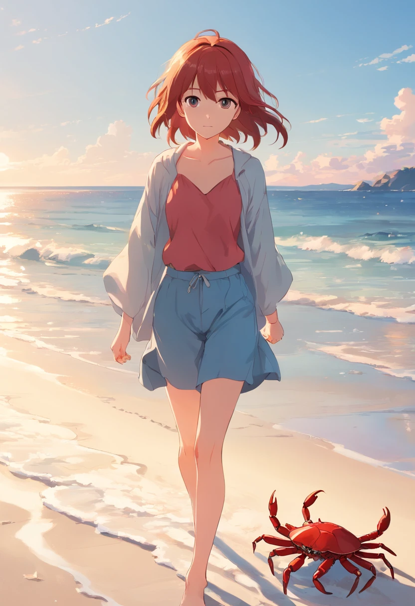 A girl walking on the beach,There is a small crab,red tinted hair,Walk barefoot