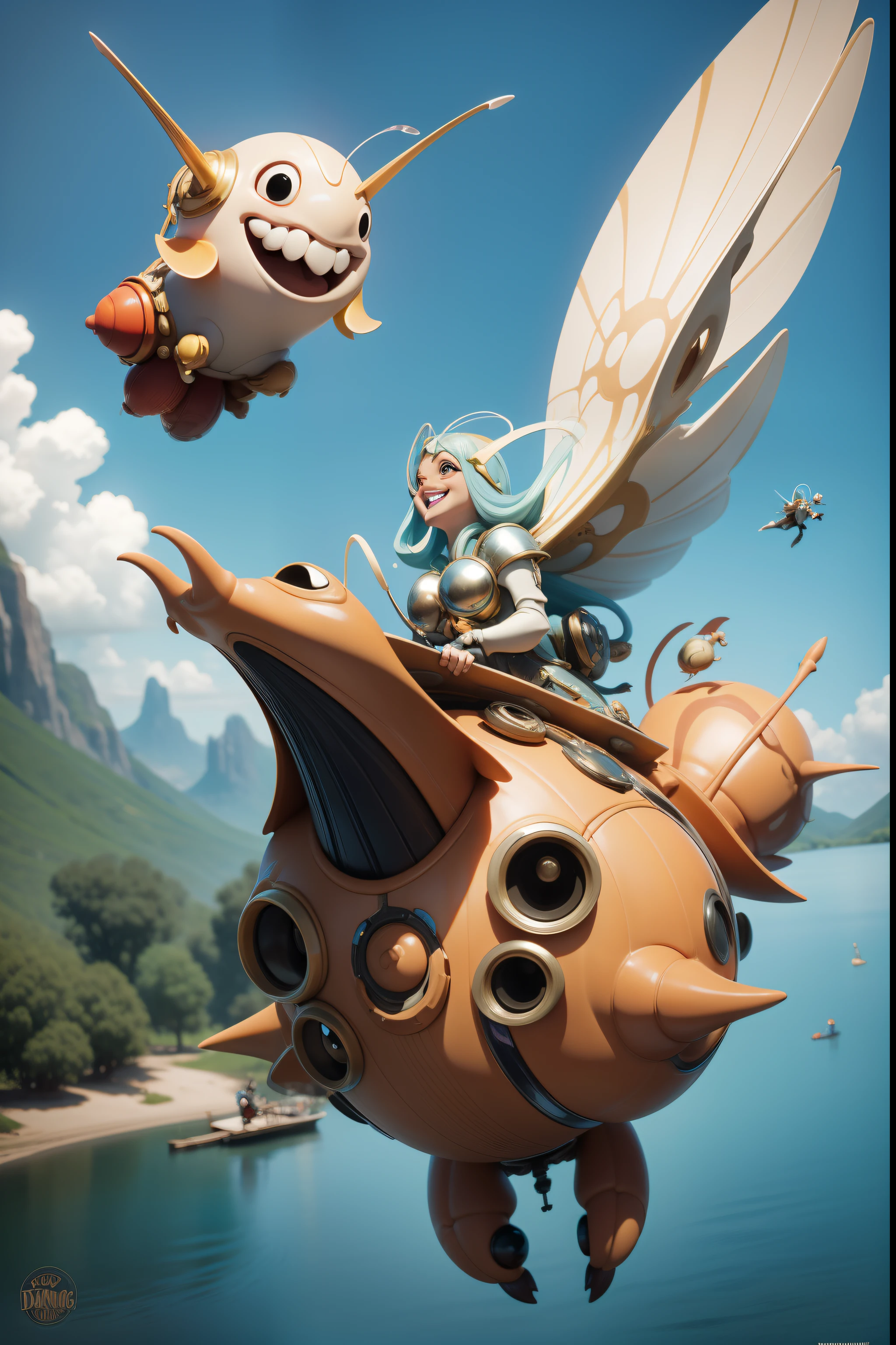 Hieronymus Bosch's fantasy world with flying friendly huge mechanical snails. Riding a snail - beautiful sexy alien girl. a closeup of a. Flying over the lake. splatter, laughter, merriment. All the characters of the wonderful and funny Disney Pixar cartoon. super realistic. Cinematic. Blurred background in motion. Light haze