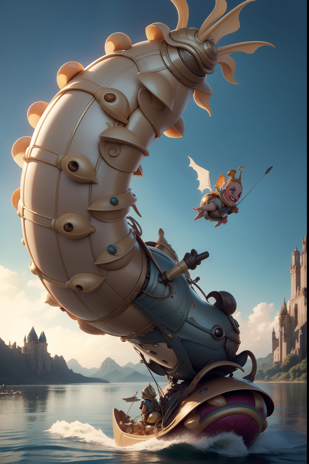 The fantasy world of Hieronymus Bosch with flying friendly huge mechanical snails. Riding a snail - beautiful sexy alien nude girl. a closeup of a. Flying over the lake. splatter, laughter, merriment. All the characters of the wonderful and funny Disney Pixar cartoon. super realistic. Cinematic. Blurred background in motion. Light haze